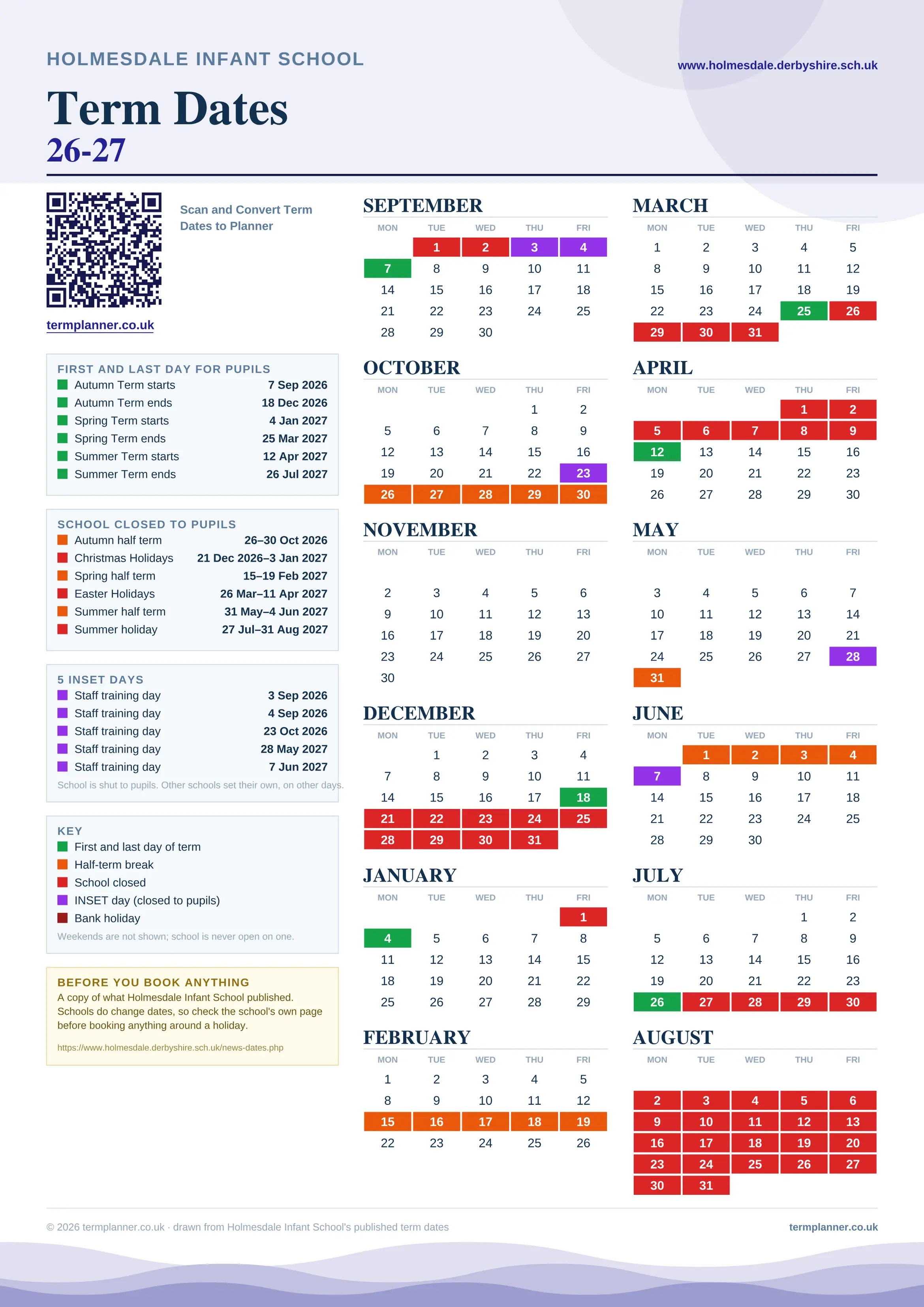 Holmesdale Infant School’s 2026/27 school year drawn as one sheet: twelve month grids from September to August, Monday to Friday, with autumn term 7 September to 18 December 2026, spring term 4 January to 25 March 2027, summer term 12 April to 26 July 2027. Half terms, holidays and bank holidays are filled in colour, the first and last day of each term is marked, 5 INSET days are picked out, and every date is listed again in words down the left.