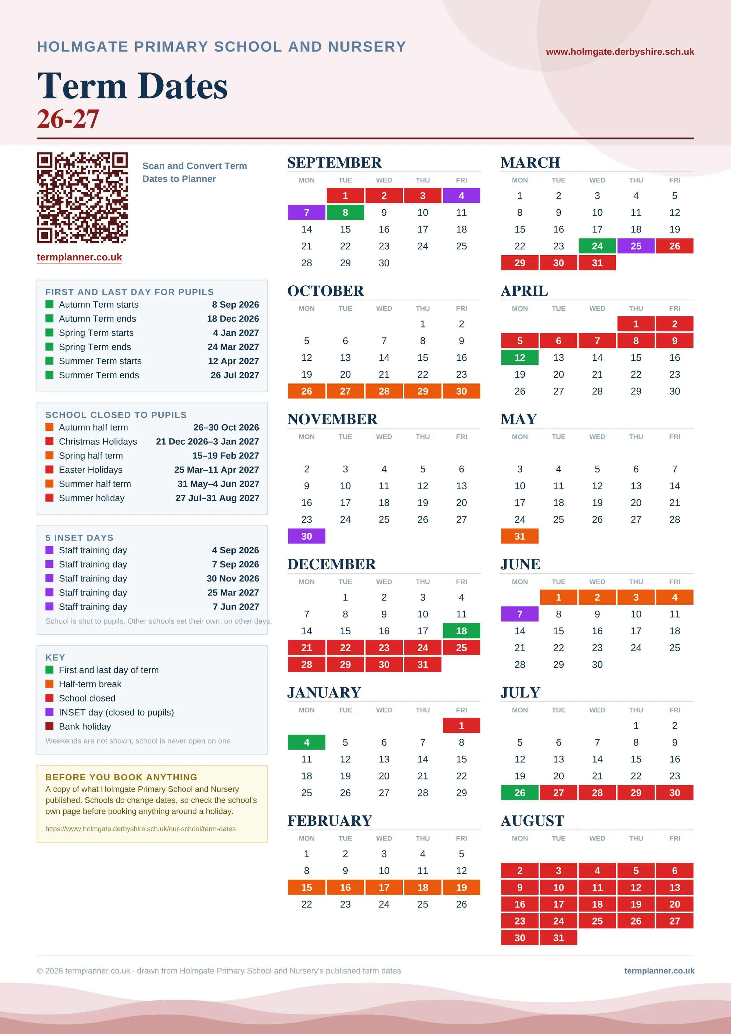 Holmgate Primary School and Nursery’s 2026/27 school year drawn as one sheet: twelve month grids from September to August, Monday to Friday, with autumn term 8 September to 18 December 2026, spring term 4 January to 24 March 2027, summer term 12 April to 26 July 2027. Half terms, holidays and bank holidays are filled in colour, the first and last day of each term is marked, 5 INSET days are picked out, and every date is listed again in words down the left.