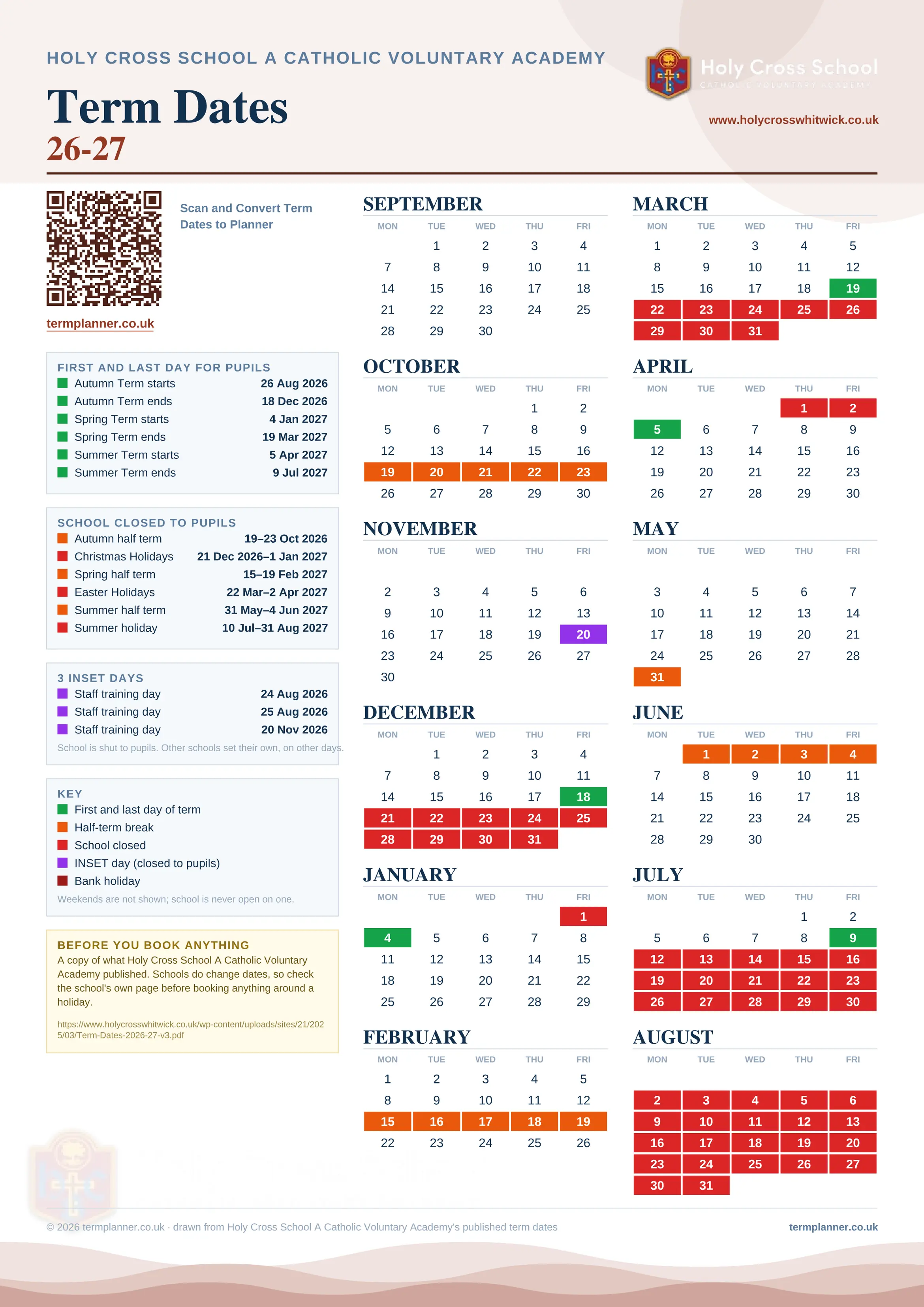 Holy Cross School A Catholic Voluntary Academy’s 2026/27 school year drawn as one sheet: twelve month grids from September to August, Monday to Friday, with autumn term 26 August to 18 December 2026, spring term 4 January to 19 March 2027, summer term 5 April to 9 July 2027. Half terms, holidays and bank holidays are filled in colour, the first and last day of each term is marked, 3 INSET days are picked out, and every date is listed again in words down the left.