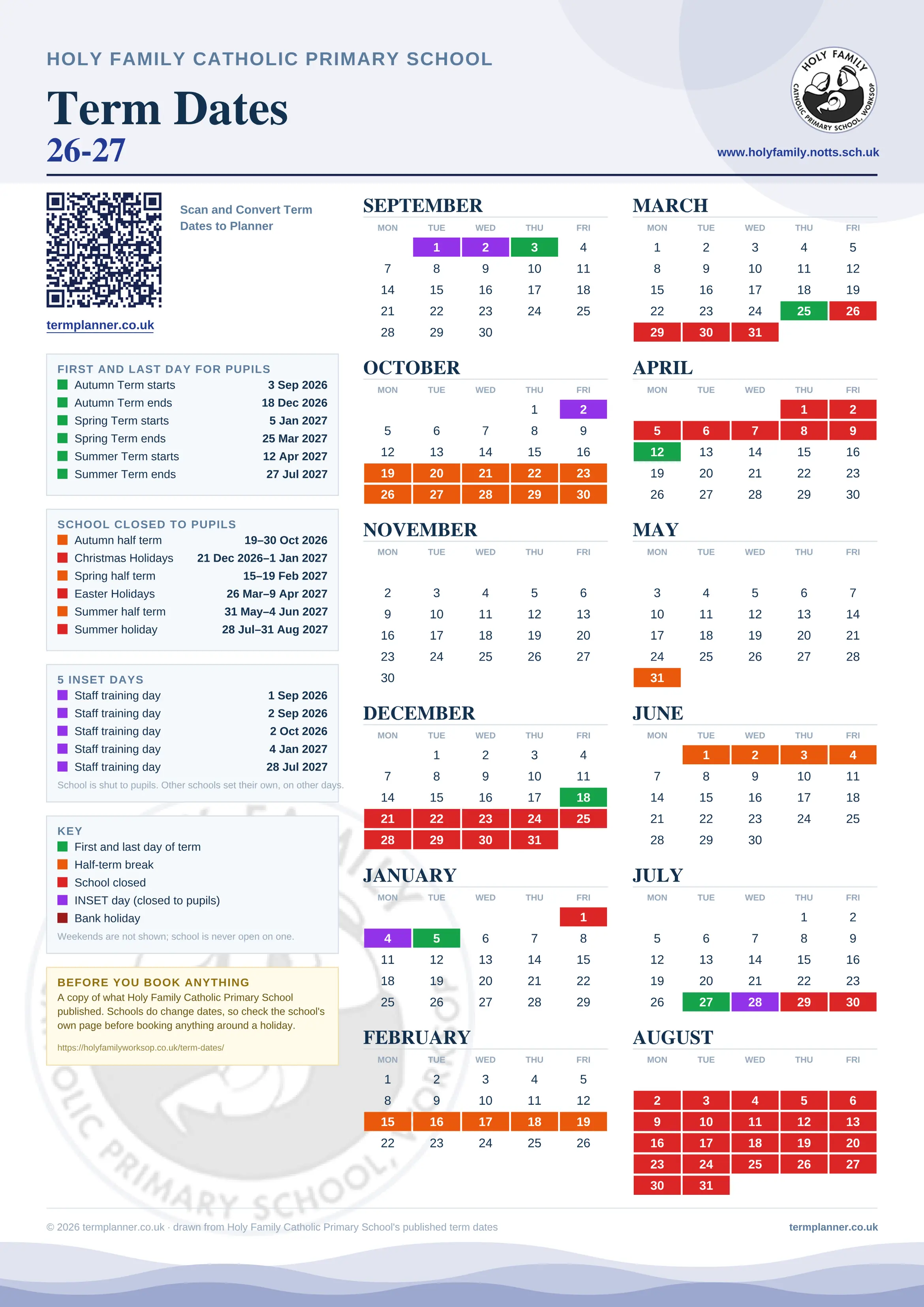Holy Family Catholic Primary School’s 2026/27 school year drawn as one sheet: twelve month grids from September to August, Monday to Friday, with autumn term 3 September to 18 December 2026, spring term 5 January to 25 March 2027, summer term 12 April to 27 July 2027. Half terms, holidays and bank holidays are filled in colour, the first and last day of each term is marked, 5 INSET days are picked out, and every date is listed again in words down the left.
