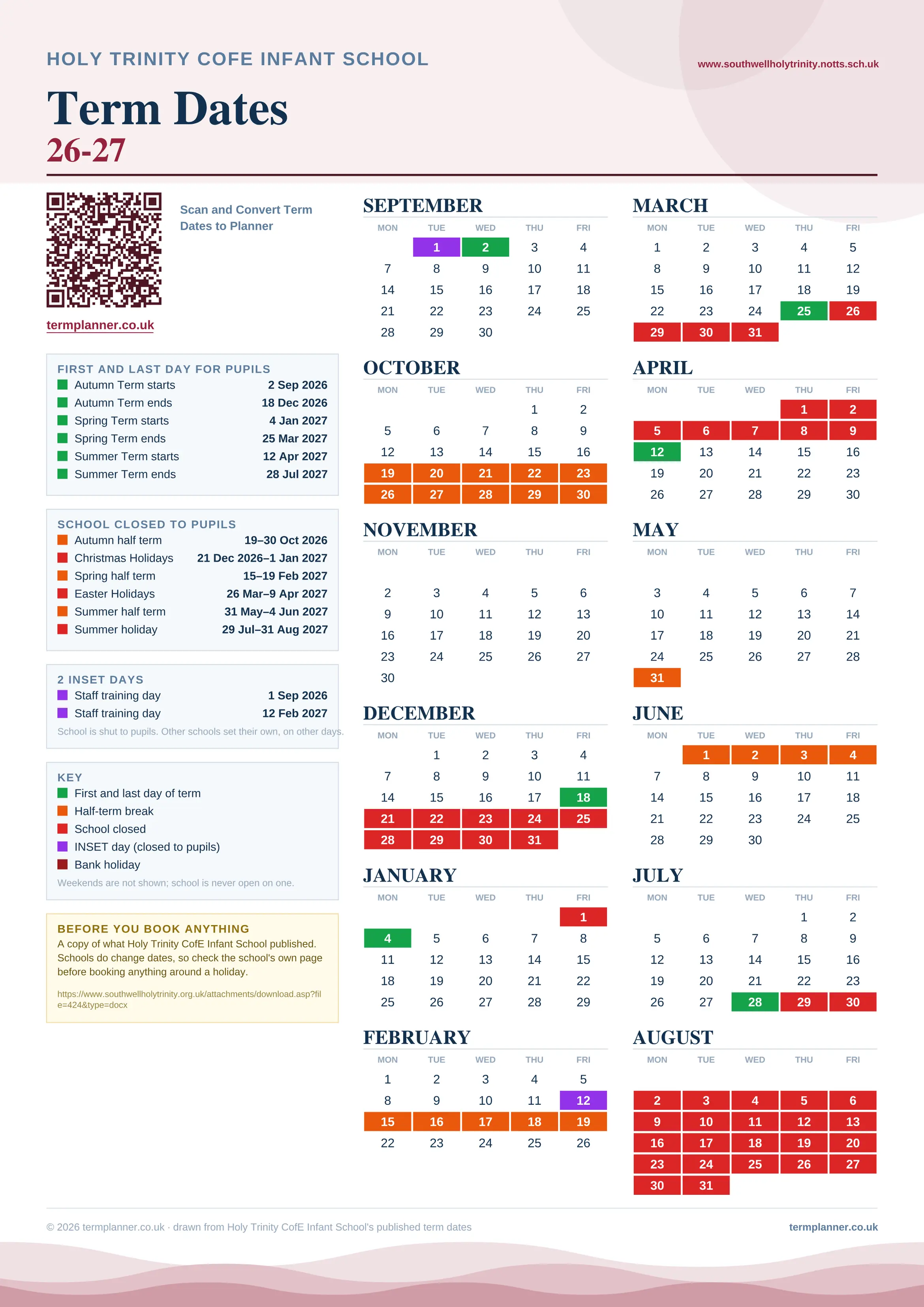 Holy Trinity CofE Infant School’s 2026/27 school year drawn as one sheet: twelve month grids from September to August, Monday to Friday, with autumn term 2 September to 18 December 2026, spring term 4 January to 25 March 2027, summer term 12 April to 28 July 2027. Half terms, holidays and bank holidays are filled in colour, the first and last day of each term is marked, 2 INSET days are picked out, and every date is listed again in words down the left.