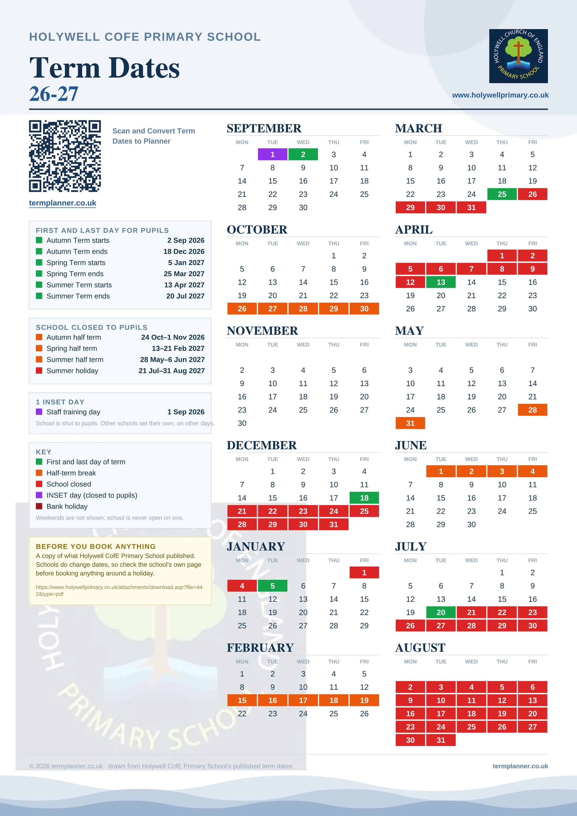 Holywell CofE Primary School’s 2026/27 school year drawn as one sheet: twelve month grids from September to August, Monday to Friday, with autumn term 2 September to 18 December 2026, spring term 5 January to 25 March 2027, summer term 13 April to 20 July 2027. Half terms, holidays and bank holidays are filled in colour, the first and last day of each term is marked, 1 INSET day is picked out, and every date is listed again in words down the left.