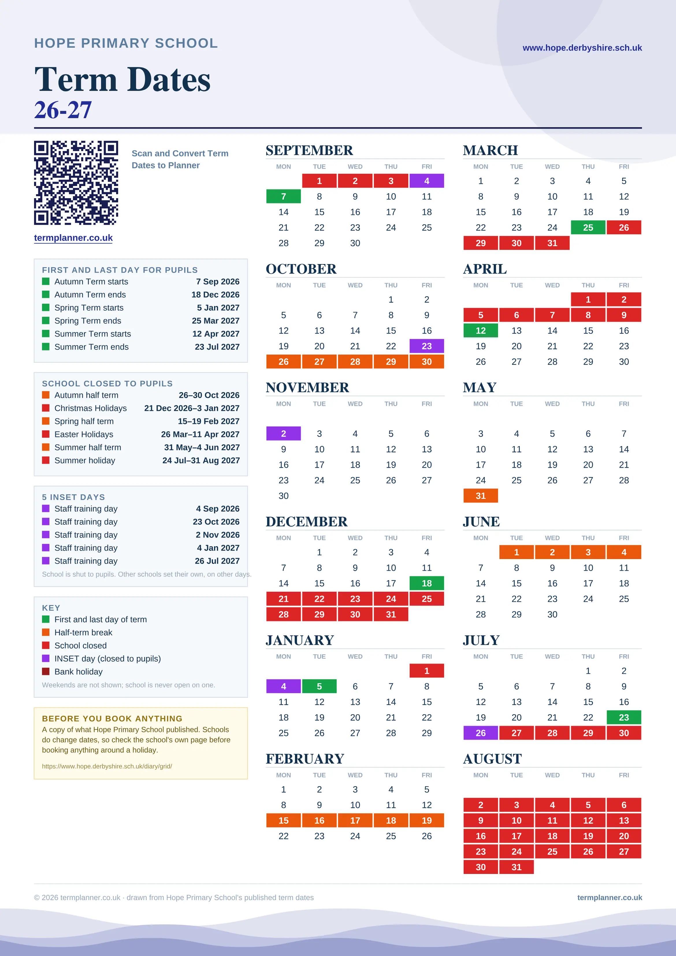 Hope Primary School’s 2026/27 school year drawn as one sheet: twelve month grids from September to August, Monday to Friday, with autumn term 7 September to 18 December 2026, spring term 5 January to 25 March 2027, summer term 12 April to 23 July 2027. Half terms, holidays and bank holidays are filled in colour, the first and last day of each term is marked, 5 INSET days are picked out, and every date is listed again in words down the left.