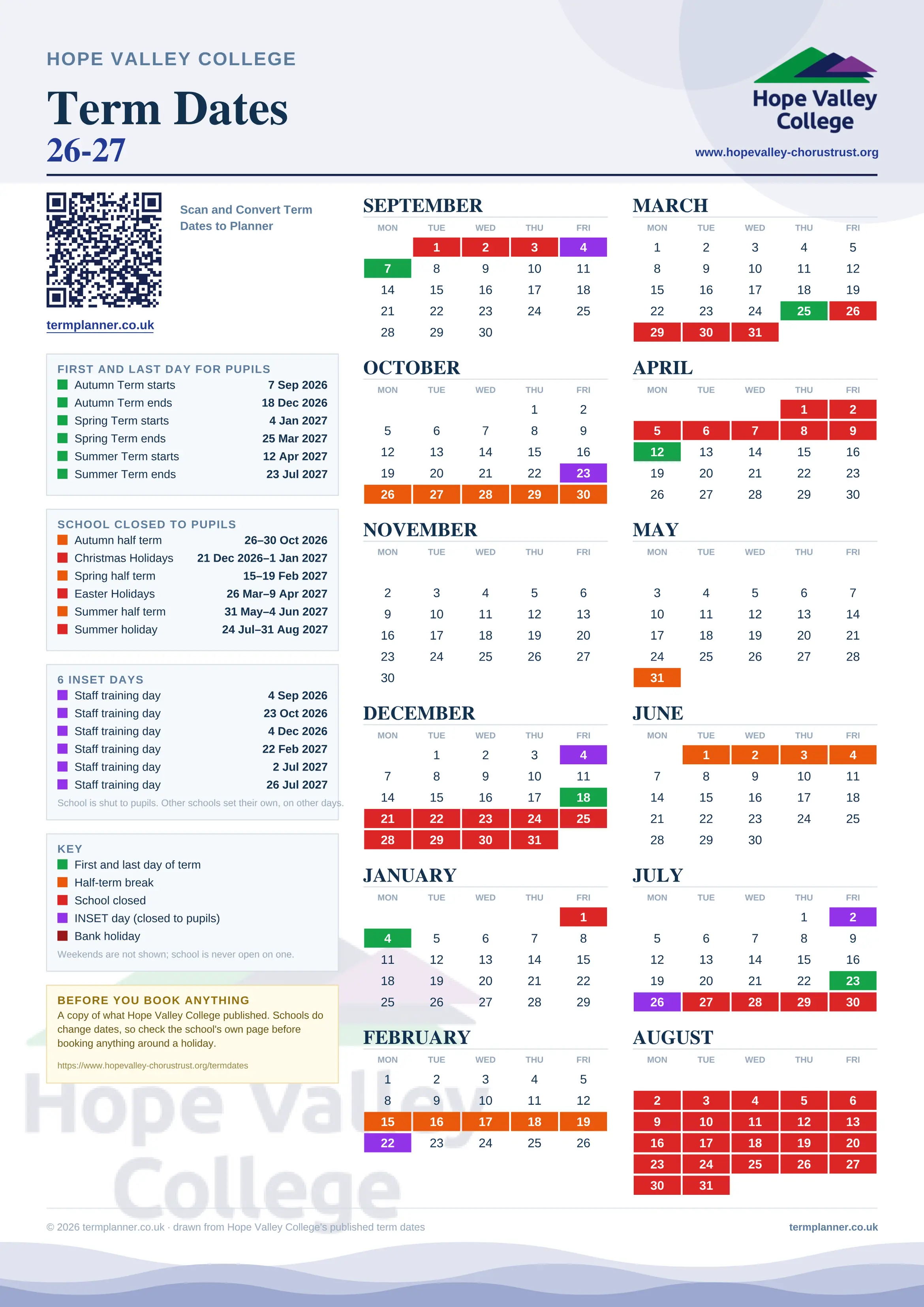 Hope Valley College’s 2026/27 school year drawn as one sheet: twelve month grids from September to August, Monday to Friday, with autumn term 7 September to 18 December 2026, spring term 4 January to 25 March 2027, summer term 12 April to 23 July 2027. Half terms, holidays and bank holidays are filled in colour, the first and last day of each term is marked, 6 INSET days are picked out, and every date is listed again in words down the left.