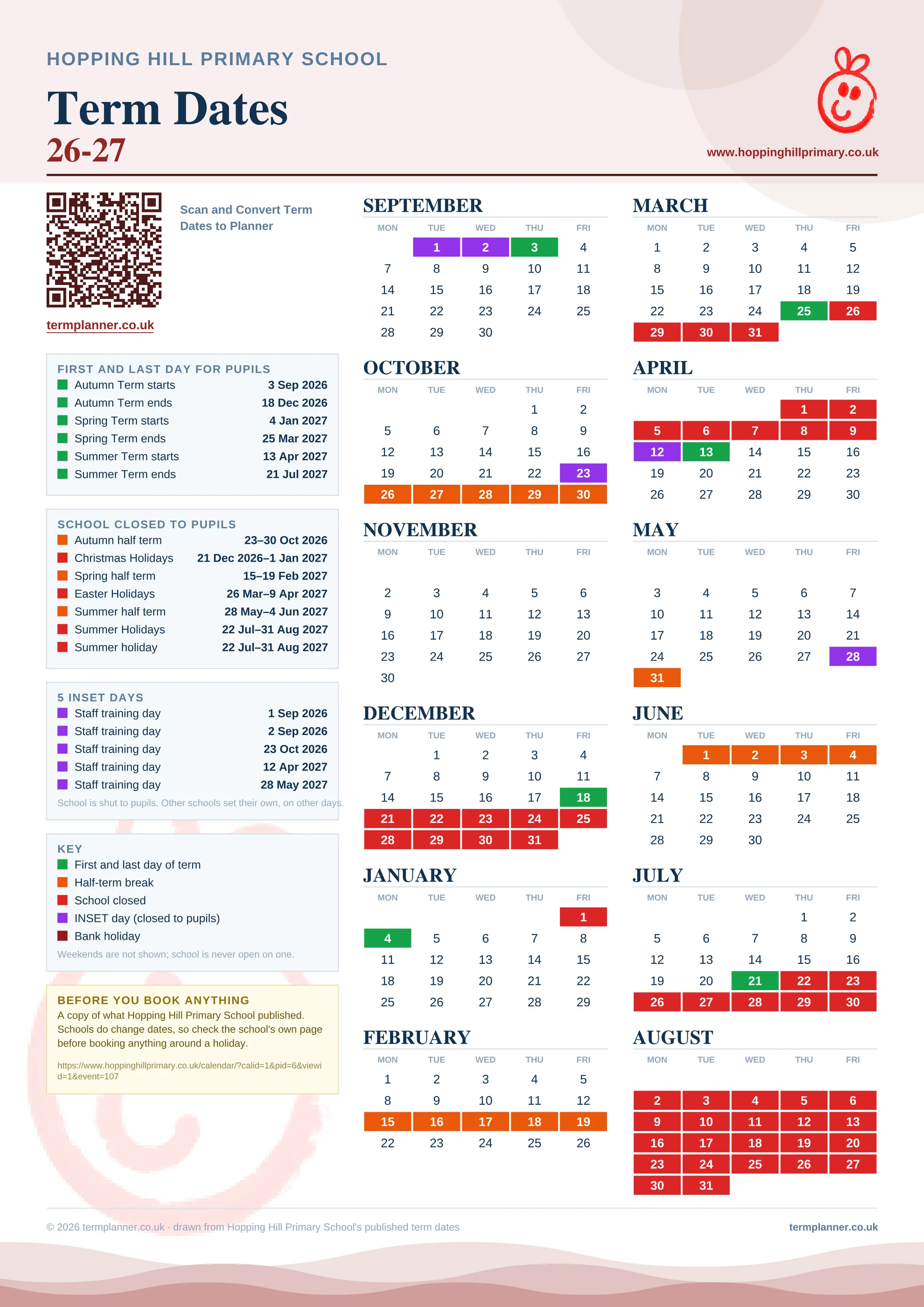 Hopping Hill Primary School’s 2026/27 school year drawn as one sheet: twelve month grids from September to August, Monday to Friday, with autumn term 3 September to 18 December 2026, spring term 4 January to 25 March 2027, summer term 13 April to 21 July 2027. Half terms, holidays and bank holidays are filled in colour, the first and last day of each term is marked, 5 INSET days are picked out, and every date is listed again in words down the left.
