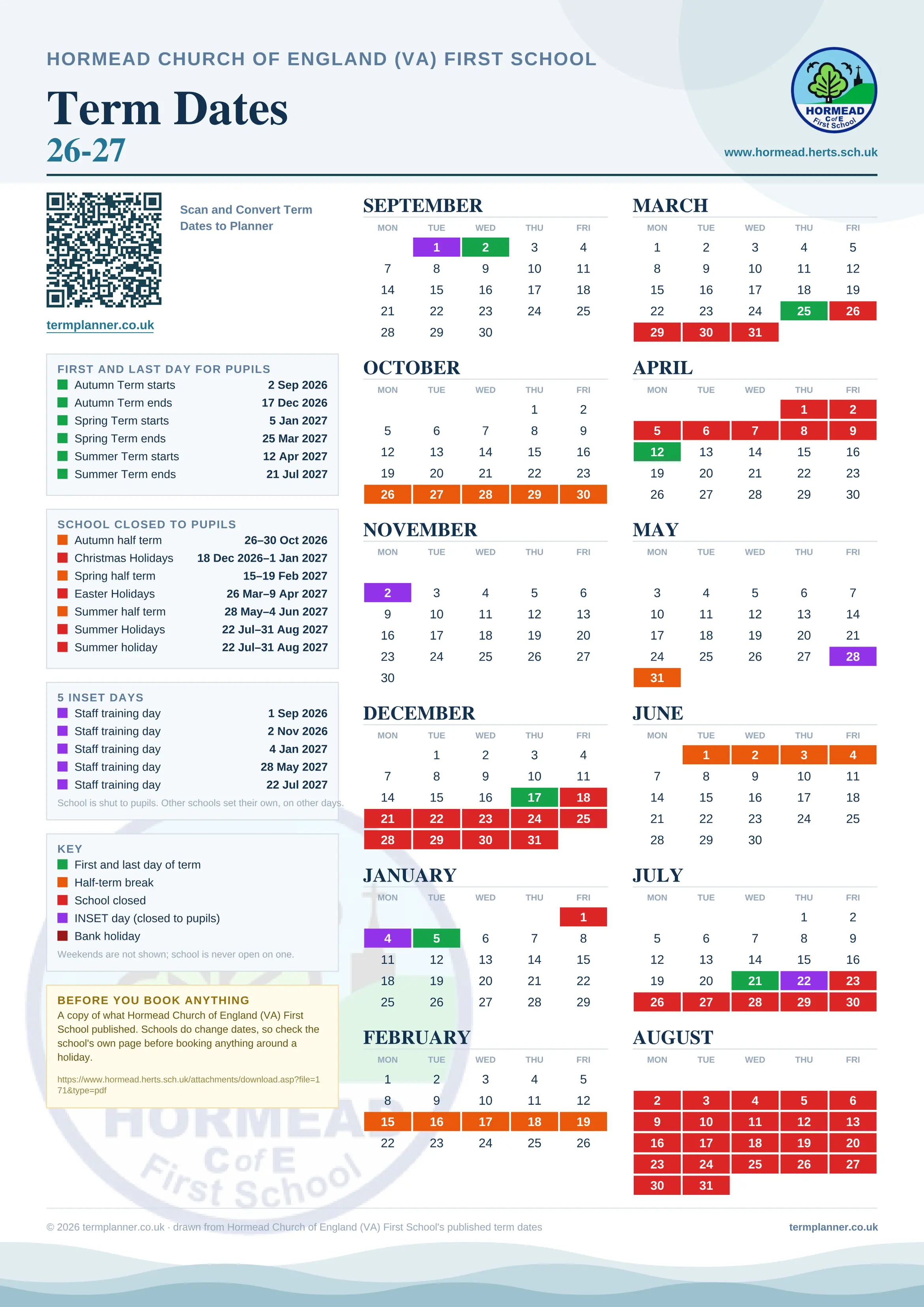 Hormead Church of England (VA) First School’s 2026/27 school year drawn as one sheet: twelve month grids from September to August, Monday to Friday, with autumn term 2 September to 17 December 2026, spring term 5 January to 25 March 2027, summer term 12 April to 21 July 2027. Half terms, holidays and bank holidays are filled in colour, the first and last day of each term is marked, 5 INSET days are picked out, and every date is listed again in words down the left.