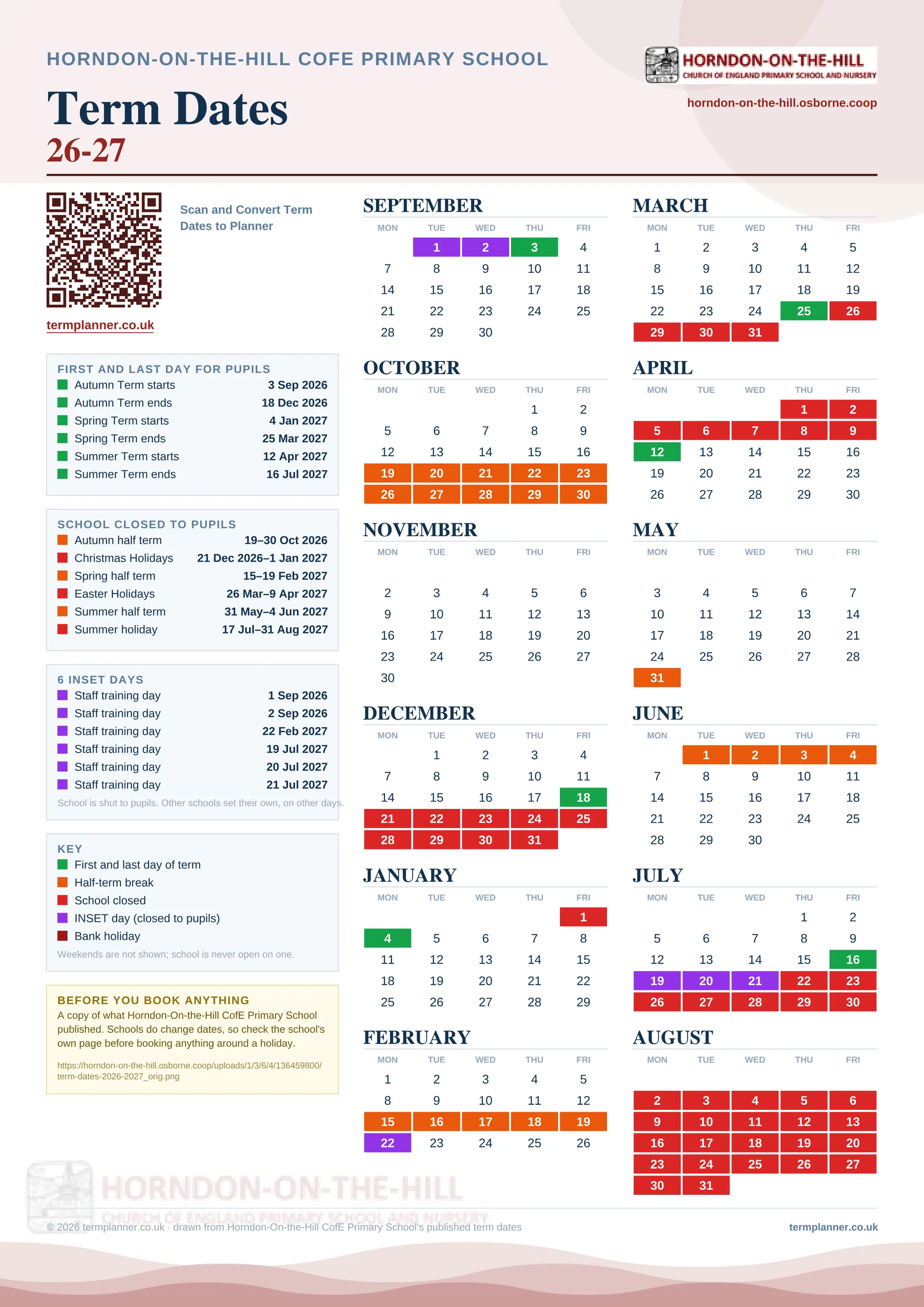 Horndon-On-the-Hill CofE Primary School’s 2026/27 school year drawn as one sheet: twelve month grids from September to August, Monday to Friday, with autumn term 3 September to 18 December 2026, spring term 4 January to 25 March 2027, summer term 12 April to 16 July 2027. Half terms, holidays and bank holidays are filled in colour, the first and last day of each term is marked, 6 INSET days are picked out, and every date is listed again in words down the left.