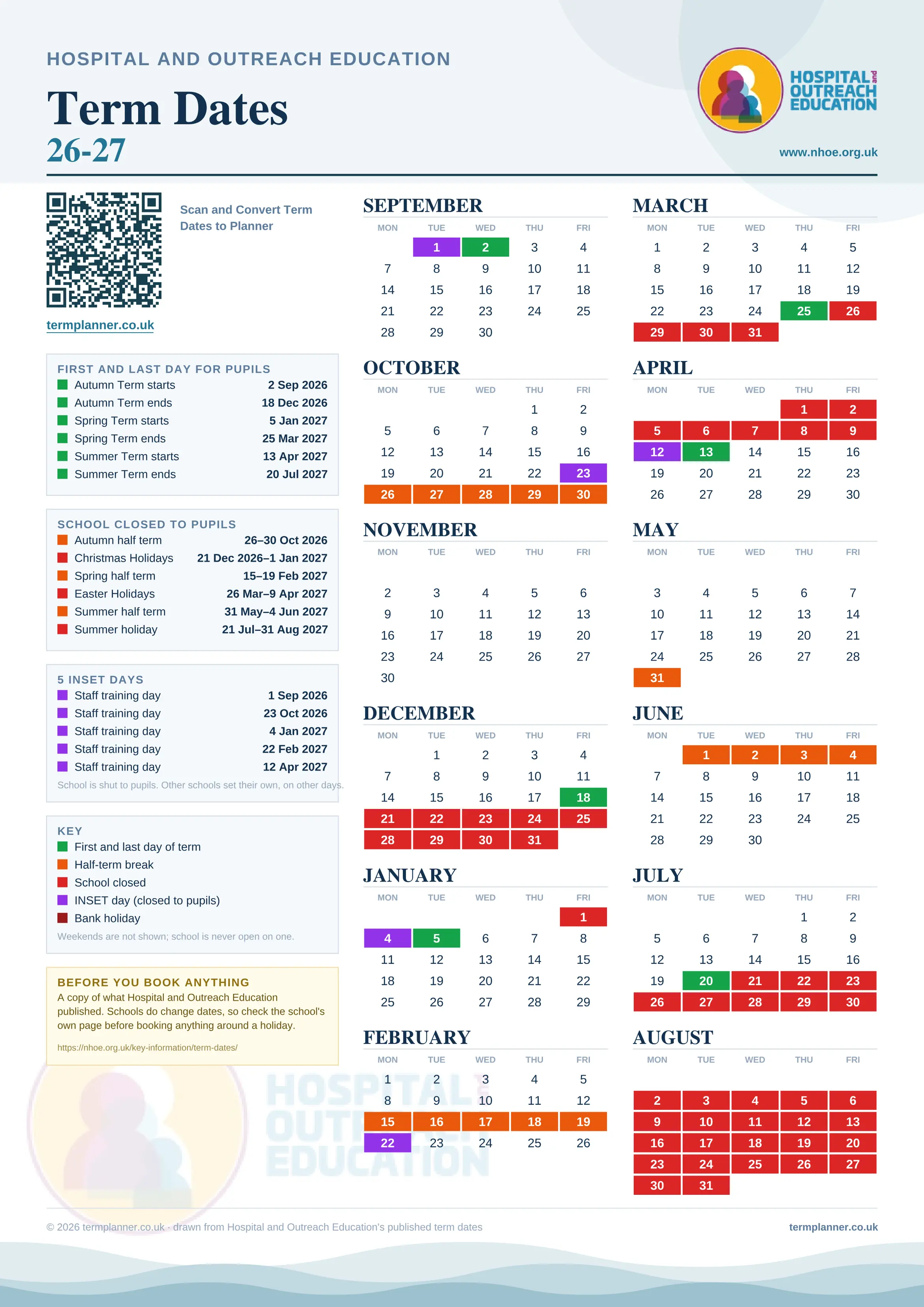 Hospital and Outreach Education’s 2026/27 school year drawn as one sheet: twelve month grids from September to August, Monday to Friday, with autumn term 2 September to 18 December 2026, spring term 5 January to 25 March 2027, summer term 13 April to 20 July 2027. Half terms, holidays and bank holidays are filled in colour, the first and last day of each term is marked, 5 INSET days are picked out, and every date is listed again in words down the left.