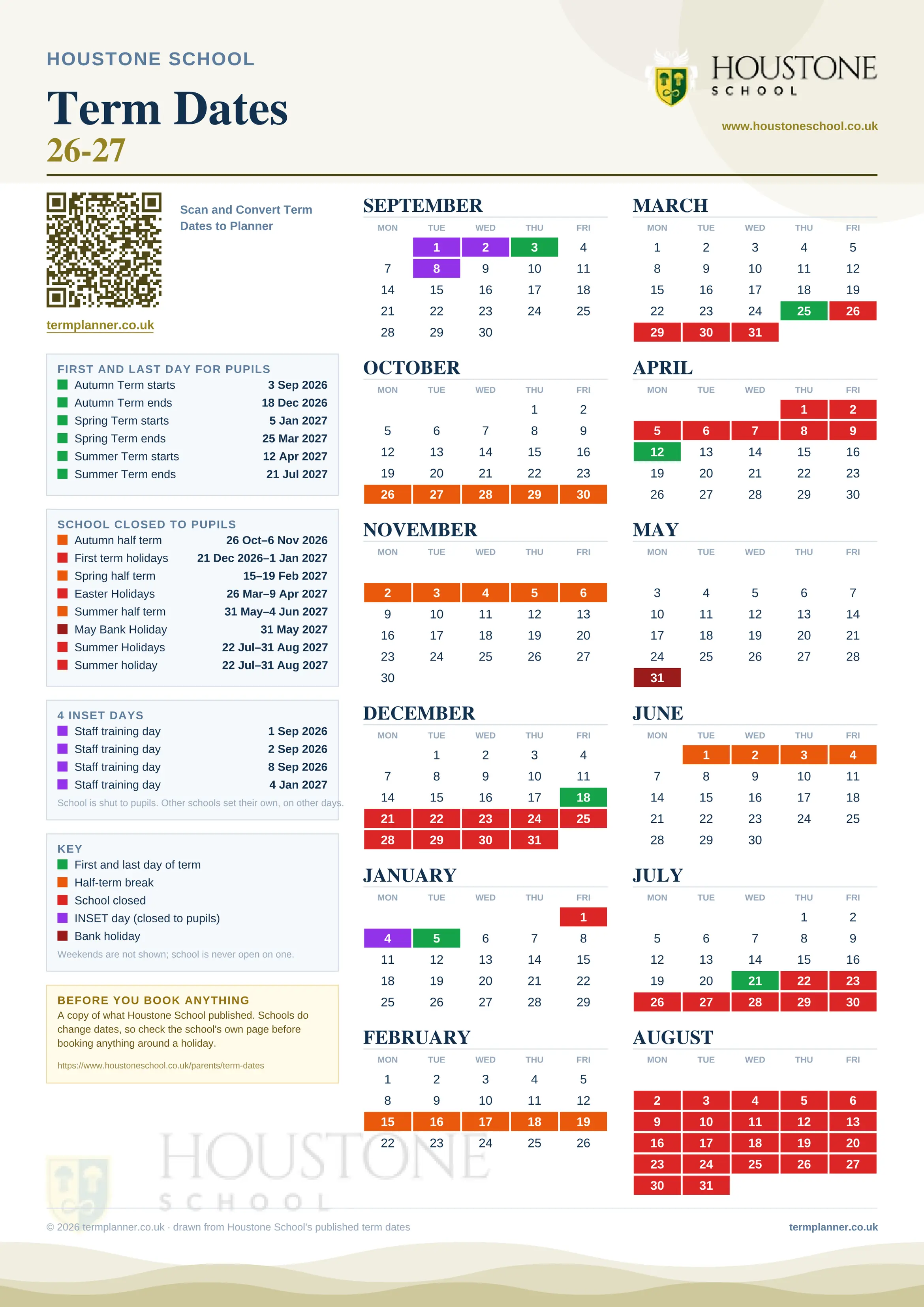 Houstone School’s 2026/27 school year drawn as one sheet: twelve month grids from September to August, Monday to Friday, with autumn term 3 September to 18 December 2026, spring term 5 January to 25 March 2027, summer term 12 April to 21 July 2027. Half terms, holidays and bank holidays are filled in colour, the first and last day of each term is marked, 4 INSET days are picked out, and every date is listed again in words down the left.
