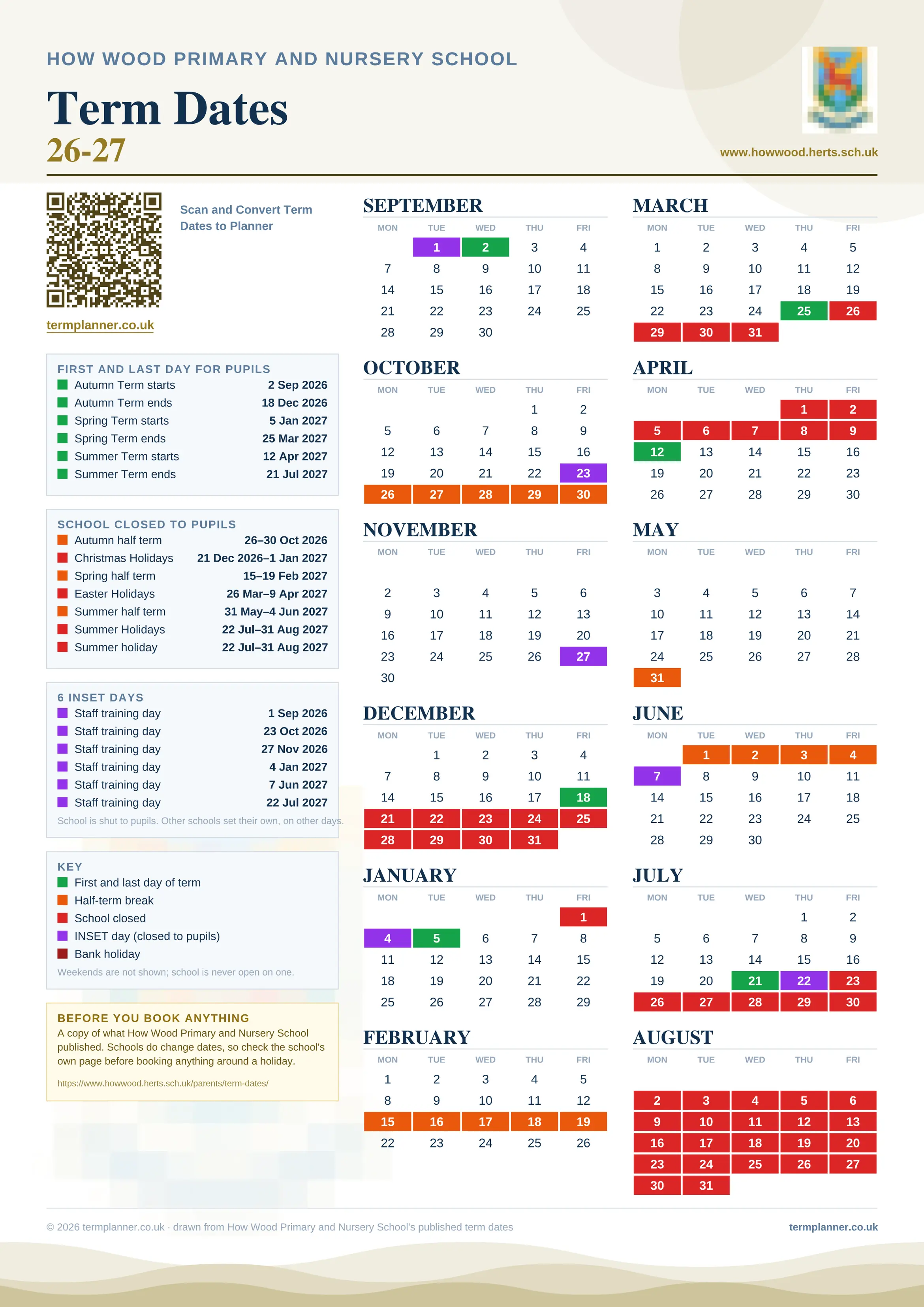 How Wood Primary and Nursery School’s 2026/27 school year drawn as one sheet: twelve month grids from September to August, Monday to Friday, with autumn term 2 September to 18 December 2026, spring term 5 January to 25 March 2027, summer term 12 April to 21 July 2027. Half terms, holidays and bank holidays are filled in colour, the first and last day of each term is marked, 6 INSET days are picked out, and every date is listed again in words down the left.