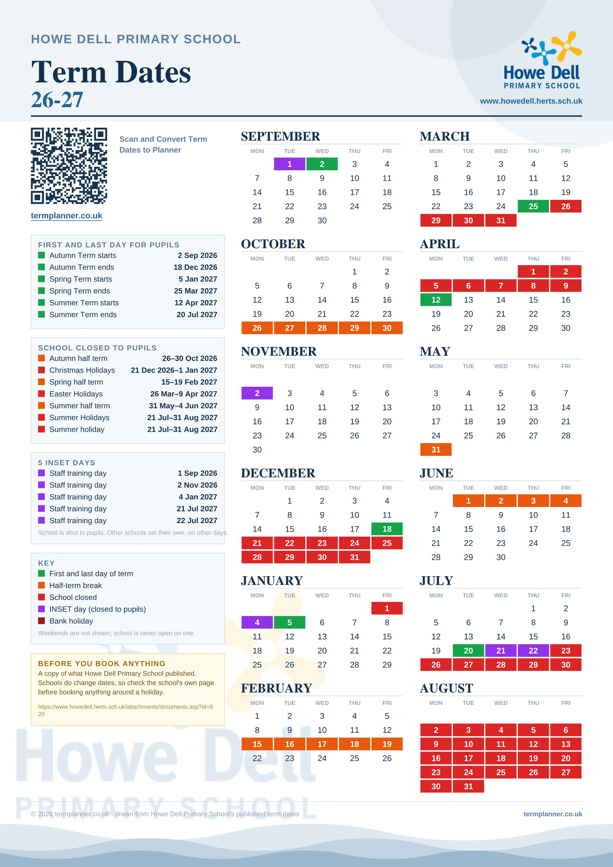 Howe Dell Primary School’s 2026/27 school year drawn as one sheet: twelve month grids from September to August, Monday to Friday, with autumn term 2 September to 18 December 2026, spring term 5 January to 25 March 2027, summer term 12 April to 20 July 2027. Half terms, holidays and bank holidays are filled in colour, the first and last day of each term is marked, 5 INSET days are picked out, and every date is listed again in words down the left.