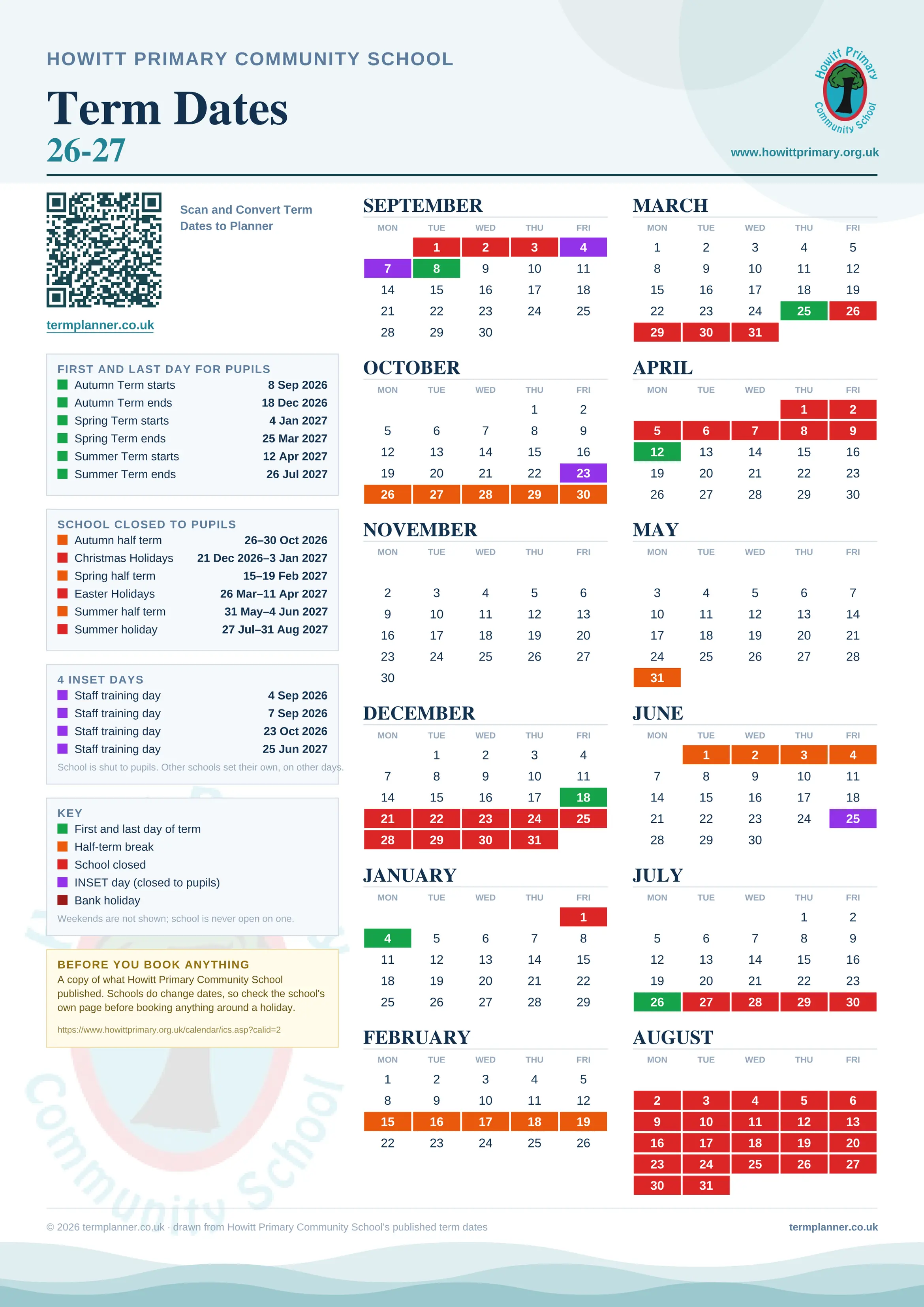 Howitt Primary Community School’s 2026/27 school year drawn as one sheet: twelve month grids from September to August, Monday to Friday, with autumn term 8 September to 18 December 2026, spring term 4 January to 25 March 2027, summer term 12 April to 26 July 2027. Half terms, holidays and bank holidays are filled in colour, the first and last day of each term is marked, 4 INSET days are picked out, and every date is listed again in words down the left.