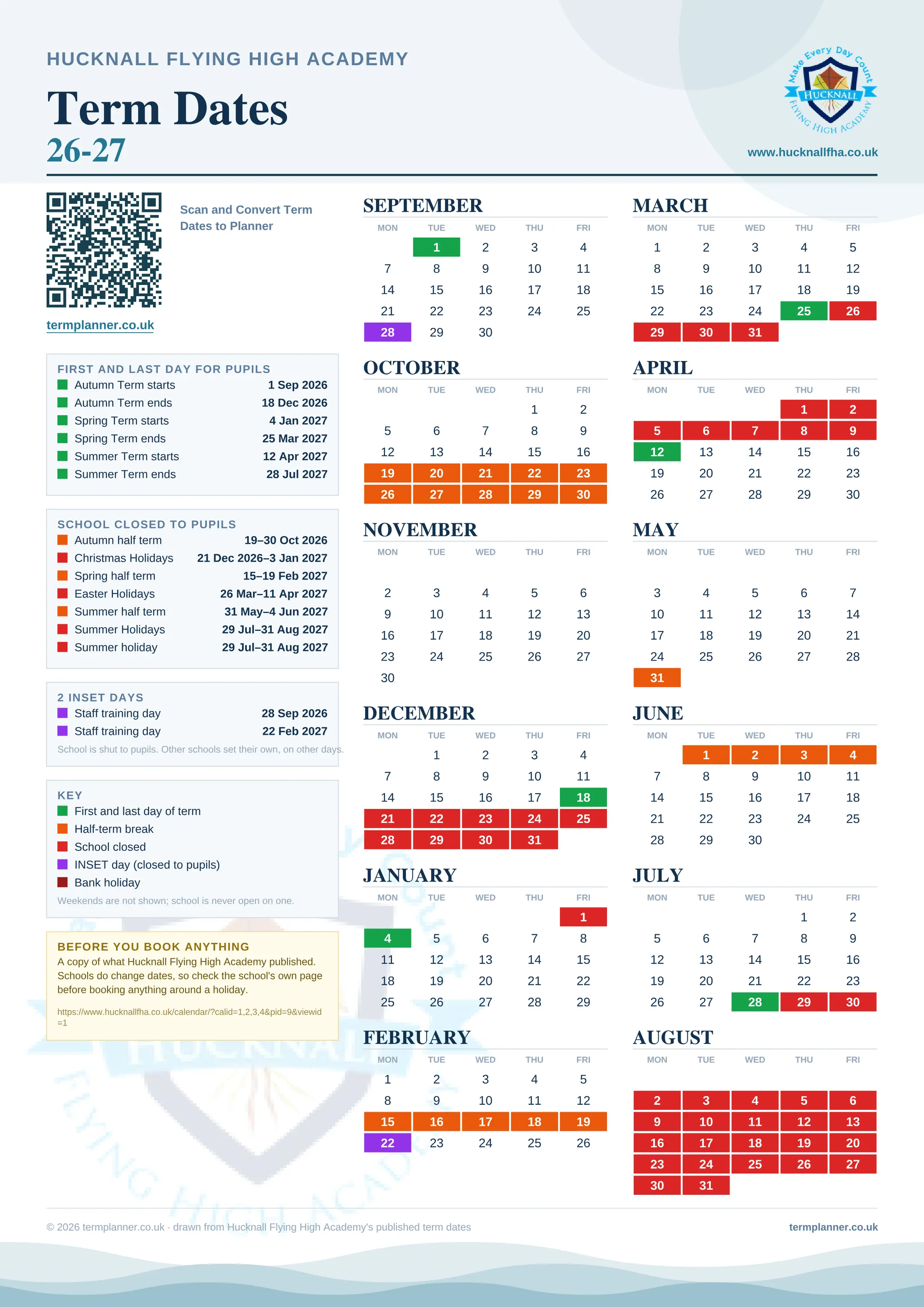 Hucknall Flying High Academy’s 2026/27 school year drawn as one sheet: twelve month grids from September to August, Monday to Friday, with autumn term 1 September to 18 December 2026, spring term 4 January to 25 March 2027, summer term 12 April to 28 July 2027. Half terms, holidays and bank holidays are filled in colour, the first and last day of each term is marked, 2 INSET days are picked out, and every date is listed again in words down the left.