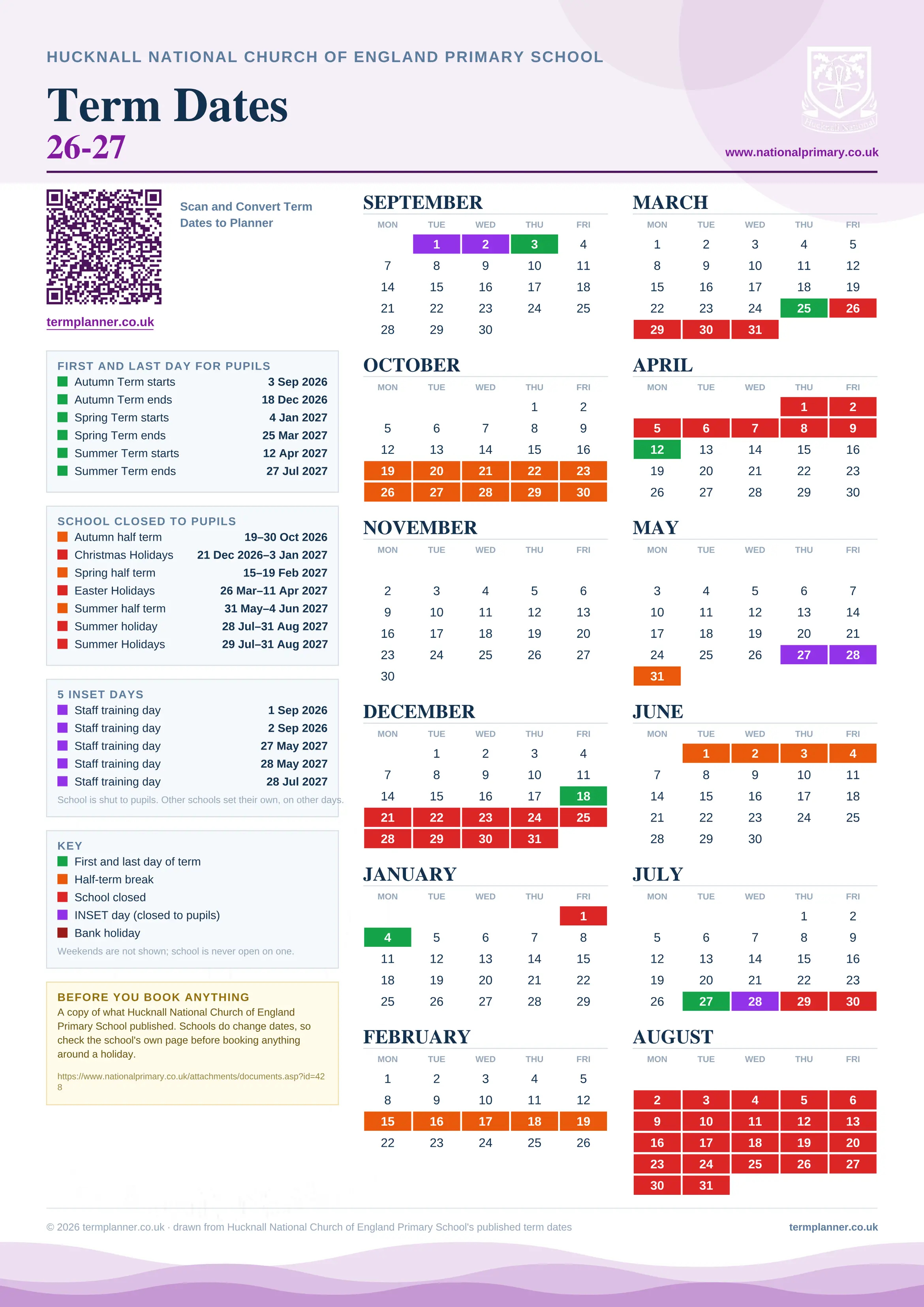 Hucknall National Church of England Primary School’s 2026/27 school year drawn as one sheet: twelve month grids from September to August, Monday to Friday, with autumn term 3 September to 18 December 2026, spring term 4 January to 25 March 2027, summer term 12 April to 27 July 2027. Half terms, holidays and bank holidays are filled in colour, the first and last day of each term is marked, 5 INSET days are picked out, and every date is listed again in words down the left.