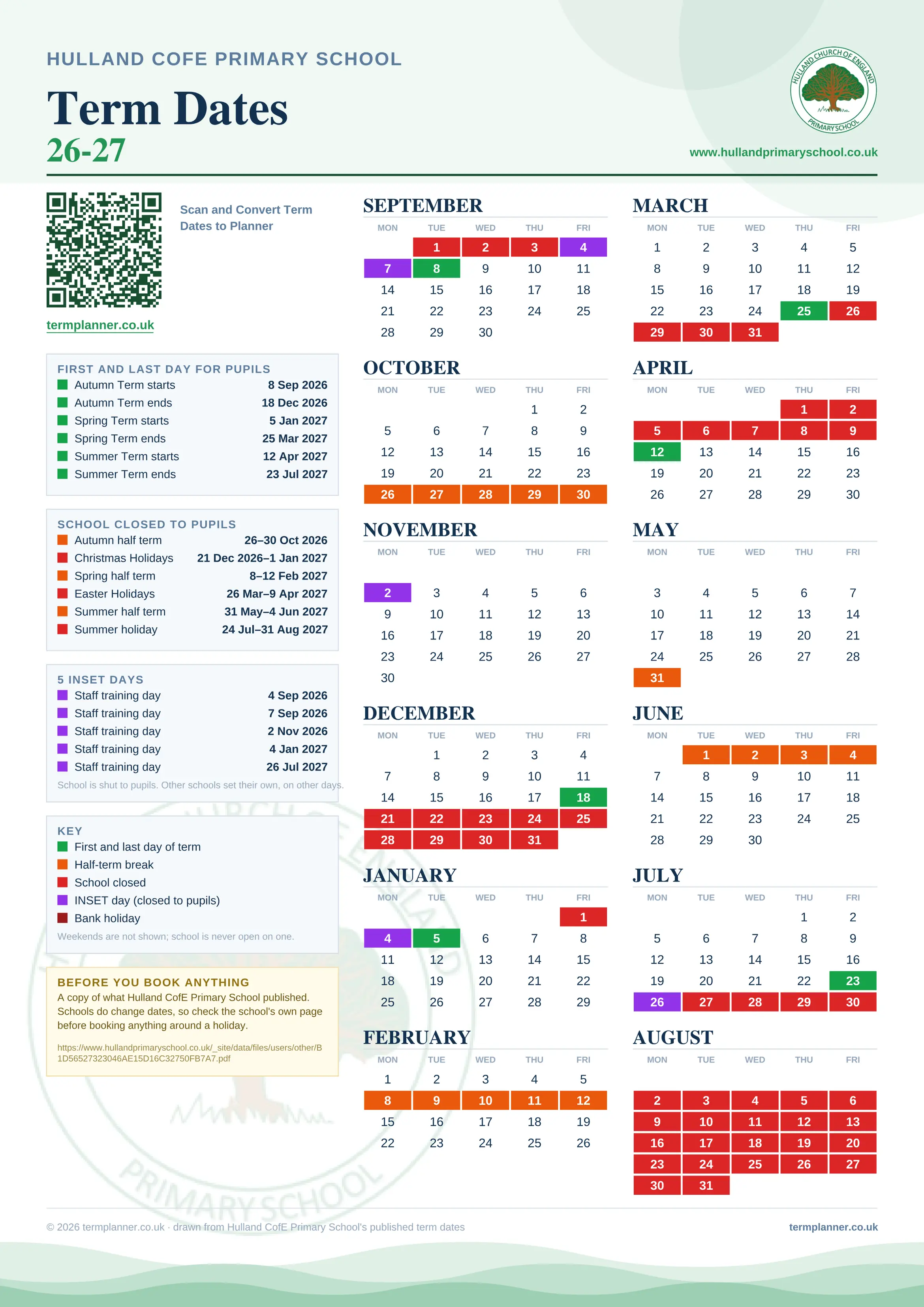 Hulland CofE Primary School’s 2026/27 school year drawn as one sheet: twelve month grids from September to August, Monday to Friday, with autumn term 8 September to 18 December 2026, spring term 5 January to 25 March 2027, summer term 12 April to 23 July 2027. Half terms, holidays and bank holidays are filled in colour, the first and last day of each term is marked, 5 INSET days are picked out, and every date is listed again in words down the left.