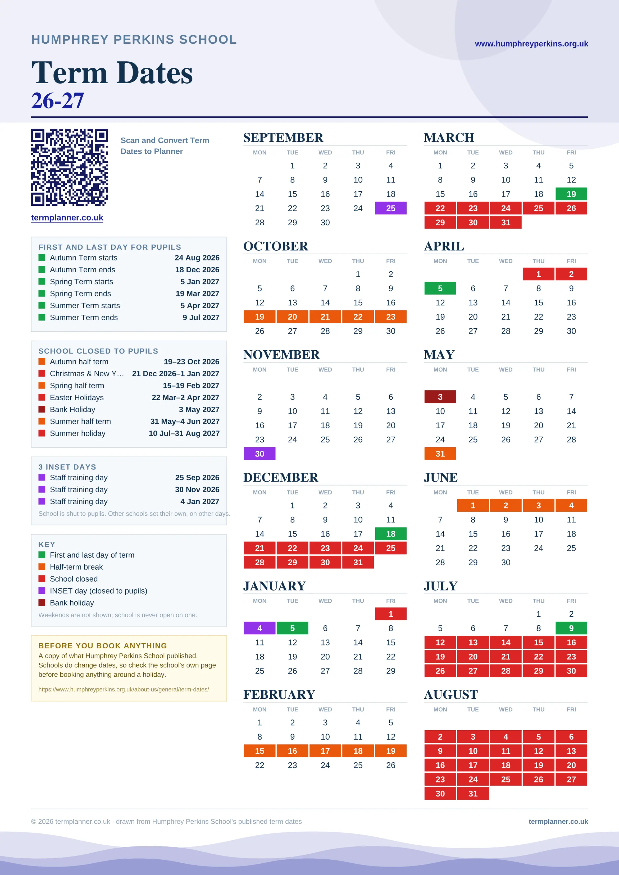 Humphrey Perkins School’s 2026/27 school year drawn as one sheet: twelve month grids from September to August, Monday to Friday, with autumn term 24 August to 18 December 2026, spring term 5 January to 19 March 2027, summer term 5 April to 9 July 2027. Half terms, holidays and bank holidays are filled in colour, the first and last day of each term is marked, 3 INSET days are picked out, and every date is listed again in words down the left.
