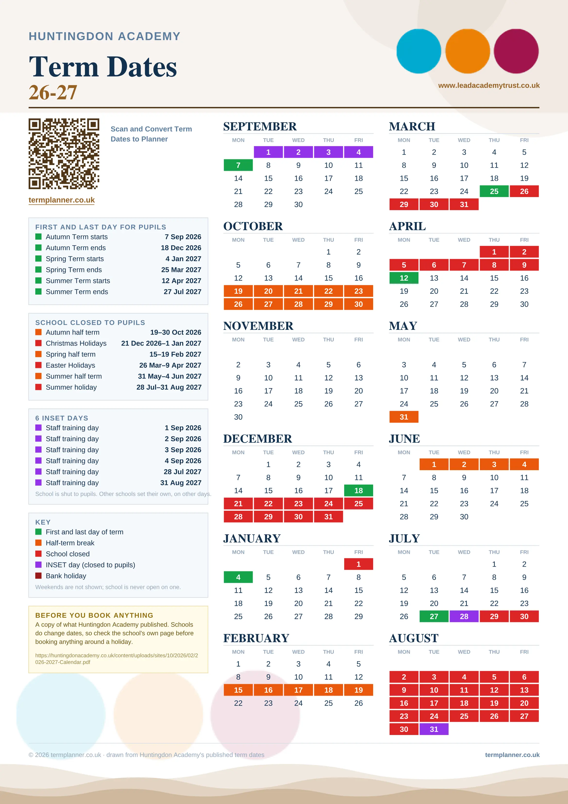 Huntingdon Academy’s 2026/27 school year drawn as one sheet: twelve month grids from September to August, Monday to Friday, with autumn term 7 September to 18 December 2026, spring term 4 January to 25 March 2027, summer term 12 April to 27 July 2027. Half terms, holidays and bank holidays are filled in colour, the first and last day of each term is marked, 6 INSET days are picked out, and every date is listed again in words down the left.