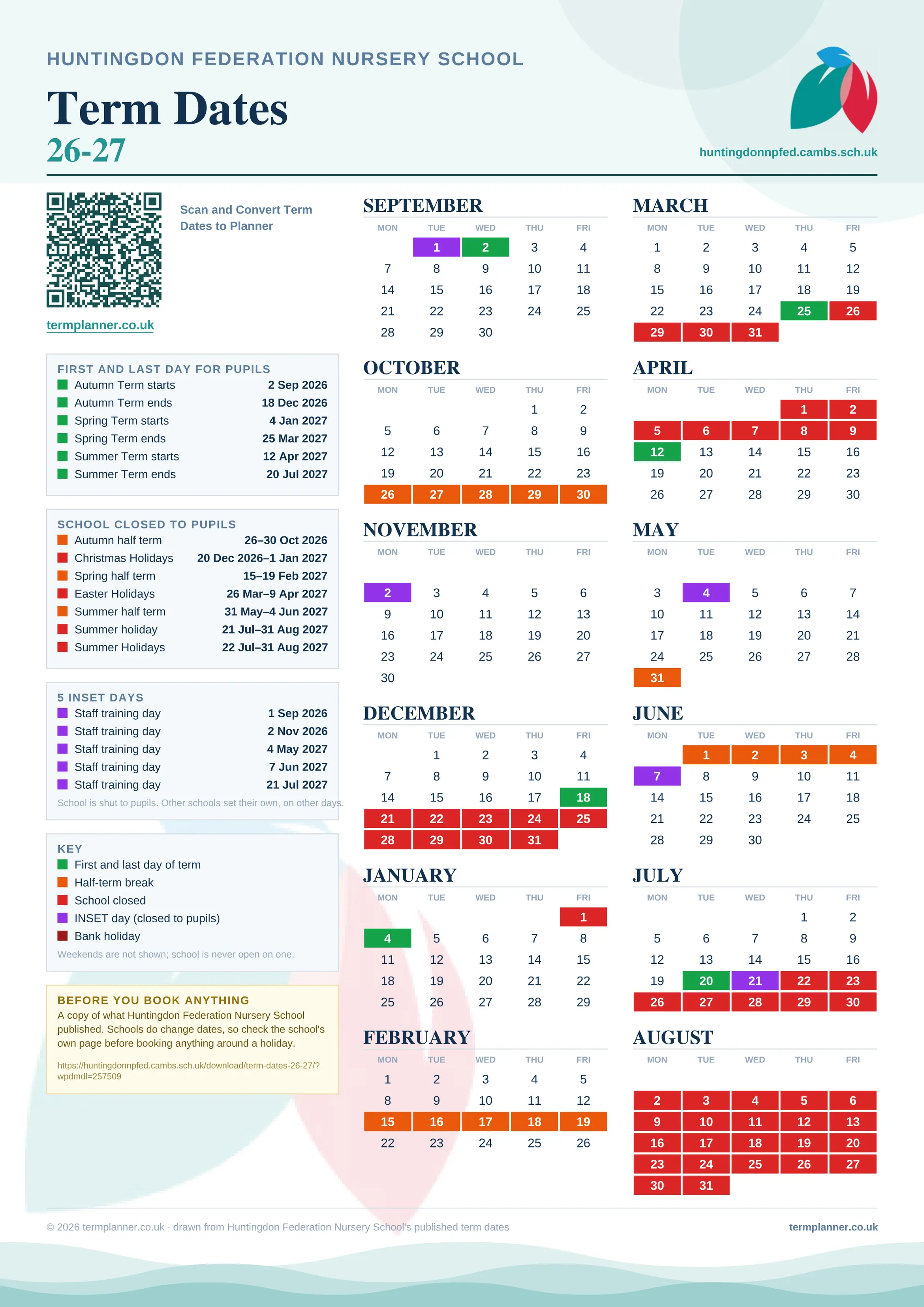 Huntingdon Federation Nursery School’s 2026/27 school year drawn as one sheet: twelve month grids from September to August, Monday to Friday, with autumn term 2 September to 18 December 2026, spring term 4 January to 25 March 2027, summer term 12 April to 20 July 2027. Half terms, holidays and bank holidays are filled in colour, the first and last day of each term is marked, 5 INSET days are picked out, and every date is listed again in words down the left.
