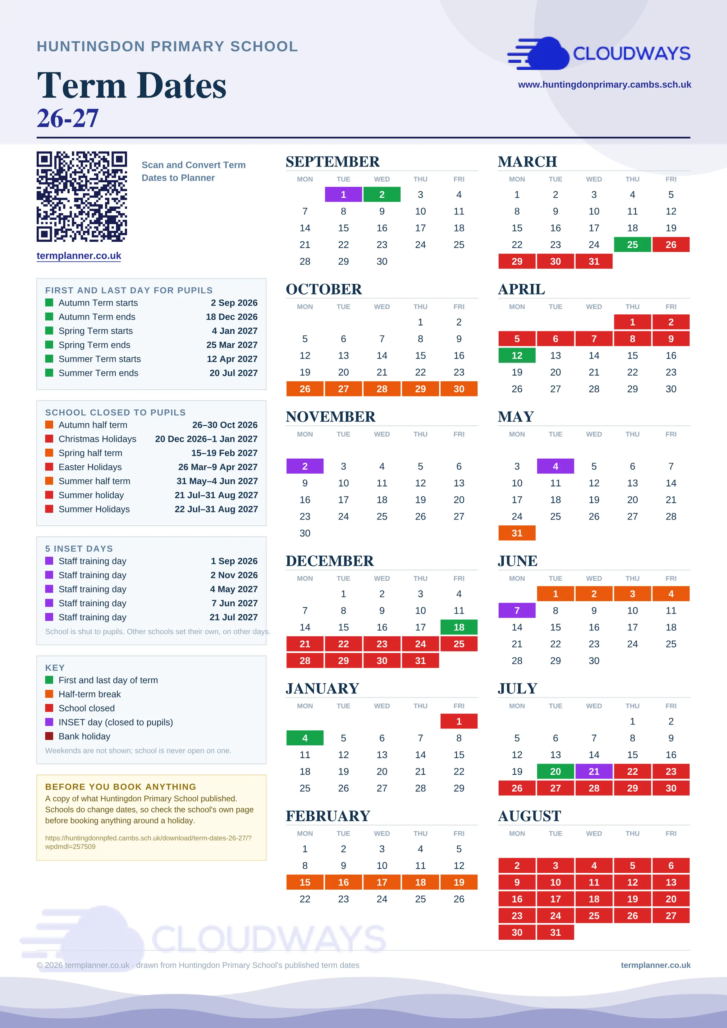 Huntingdon Primary School’s 2026/27 school year drawn as one sheet: twelve month grids from September to August, Monday to Friday, with autumn term 2 September to 18 December 2026, spring term 4 January to 25 March 2027, summer term 12 April to 20 July 2027. Half terms, holidays and bank holidays are filled in colour, the first and last day of each term is marked, 5 INSET days are picked out, and every date is listed again in words down the left.