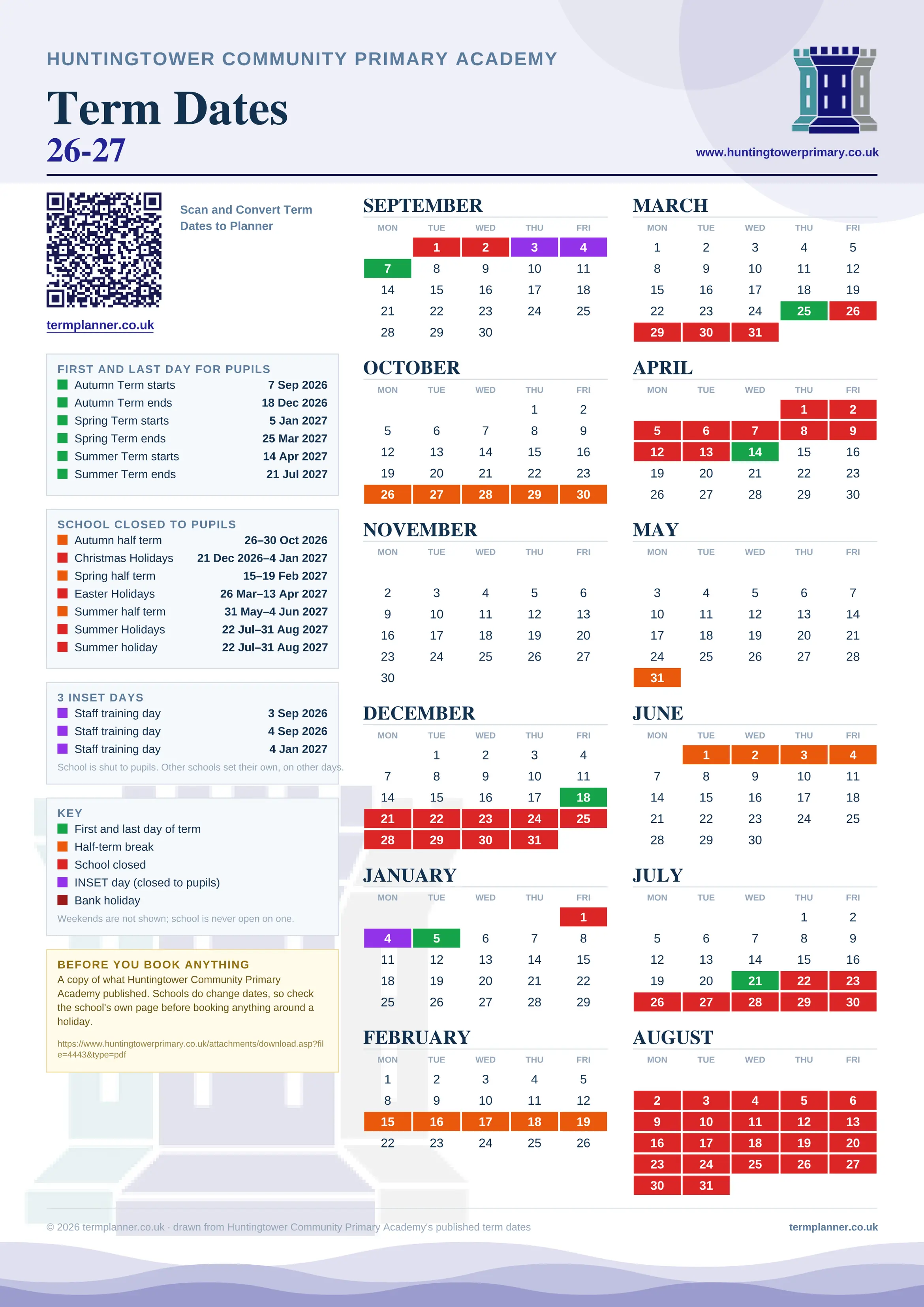 Huntingtower Community Primary Academy’s 2026/27 school year drawn as one sheet: twelve month grids from September to August, Monday to Friday, with autumn term 7 September to 18 December 2026, spring term 5 January to 25 March 2027, summer term 14 April to 21 July 2027. Half terms, holidays and bank holidays are filled in colour, the first and last day of each term is marked, 3 INSET days are picked out, and every date is listed again in words down the left.