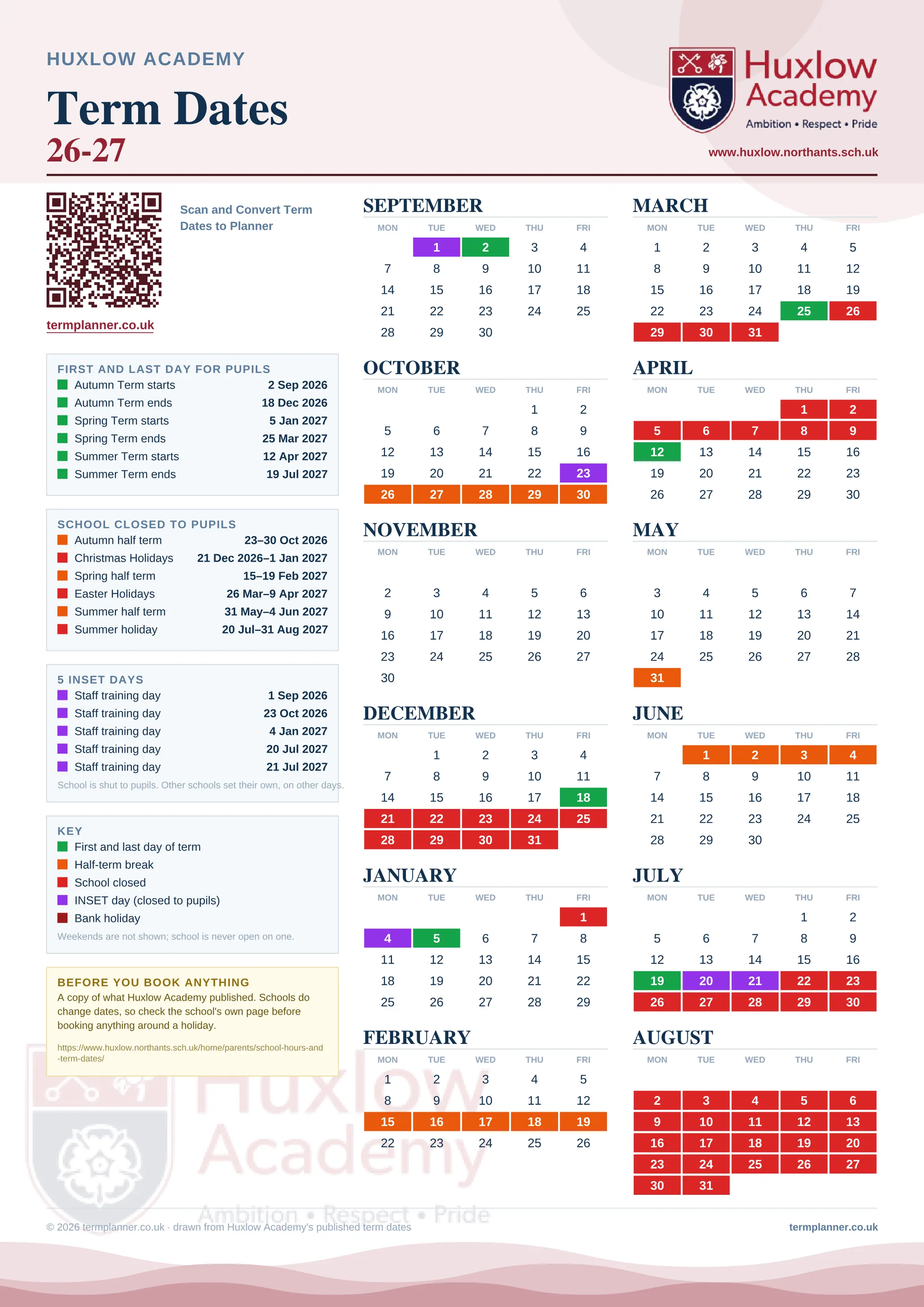 Huxlow Academy’s 2026/27 school year drawn as one sheet: twelve month grids from September to August, Monday to Friday, with autumn term 2 September to 18 December 2026, spring term 5 January to 25 March 2027, summer term 12 April to 19 July 2027. Half terms, holidays and bank holidays are filled in colour, the first and last day of each term is marked, 5 INSET days are picked out, and every date is listed again in words down the left.
