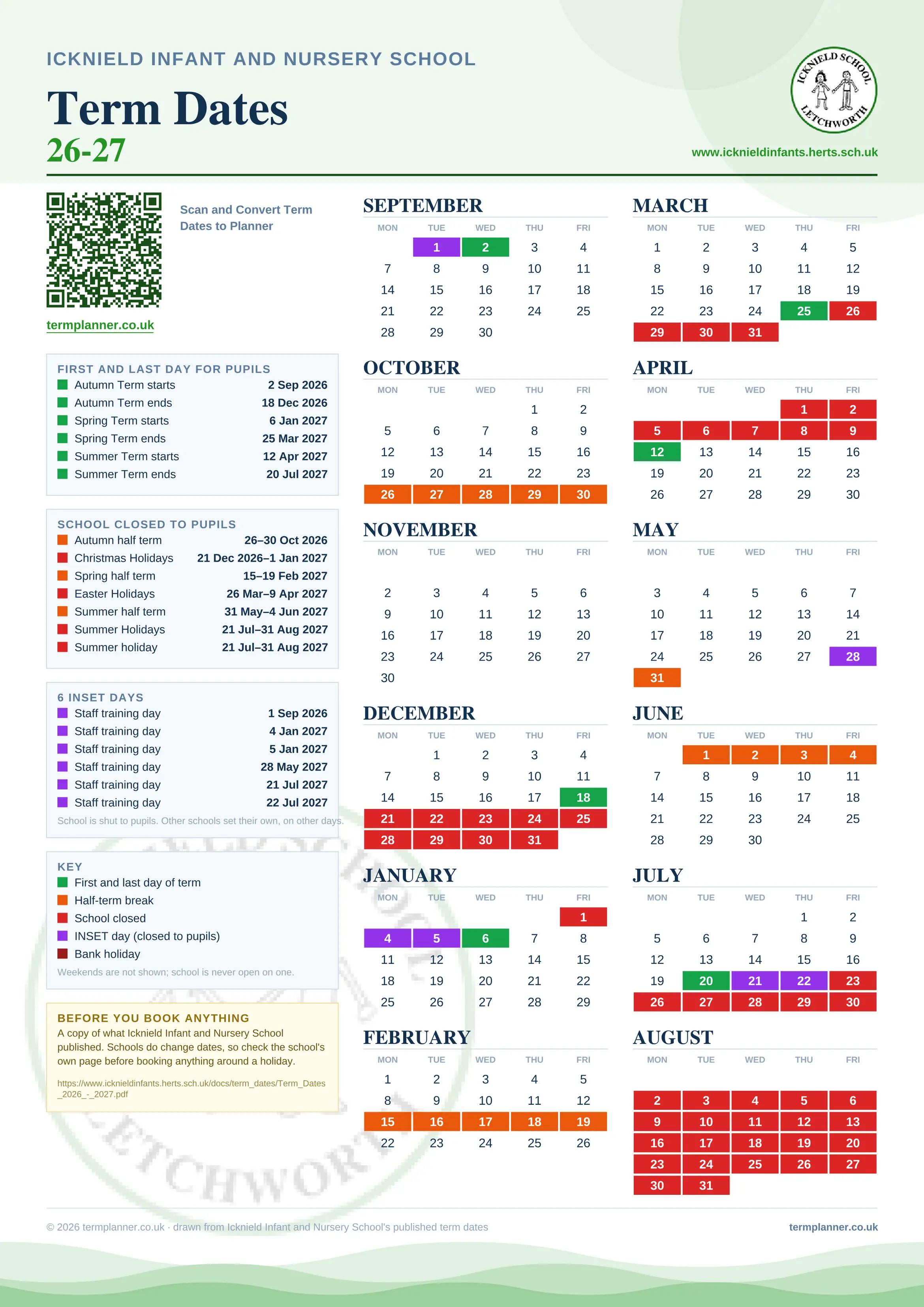 Icknield Infant and Nursery School’s 2026/27 school year drawn as one sheet: twelve month grids from September to August, Monday to Friday, with autumn term 2 September to 18 December 2026, spring term 6 January to 25 March 2027, summer term 12 April to 20 July 2027. Half terms, holidays and bank holidays are filled in colour, the first and last day of each term is marked, 6 INSET days are picked out, and every date is listed again in words down the left.