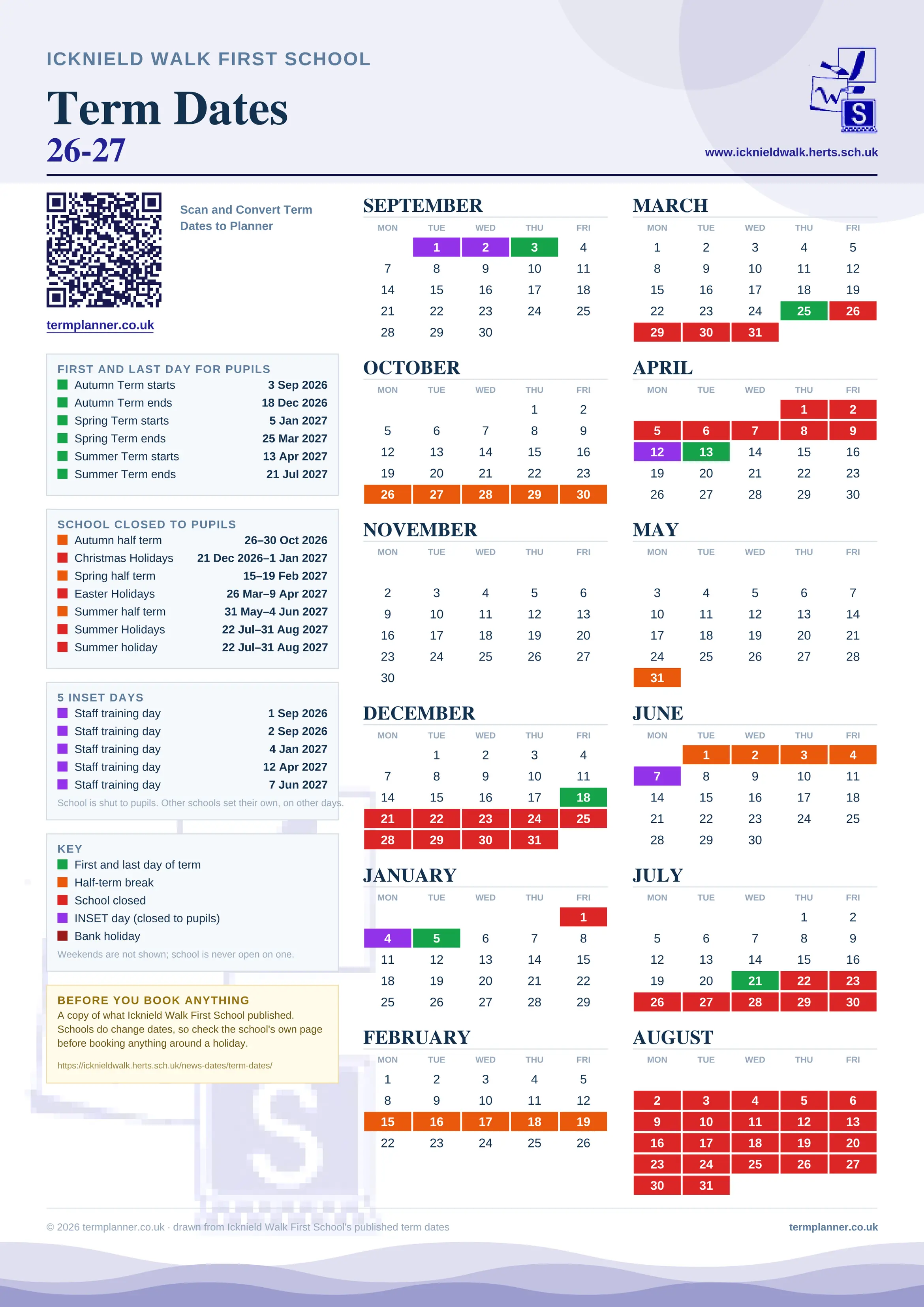 Icknield Walk First School’s 2026/27 school year drawn as one sheet: twelve month grids from September to August, Monday to Friday, with autumn term 3 September to 18 December 2026, spring term 5 January to 25 March 2027, summer term 13 April to 21 July 2027. Half terms, holidays and bank holidays are filled in colour, the first and last day of each term is marked, 5 INSET days are picked out, and every date is listed again in words down the left.