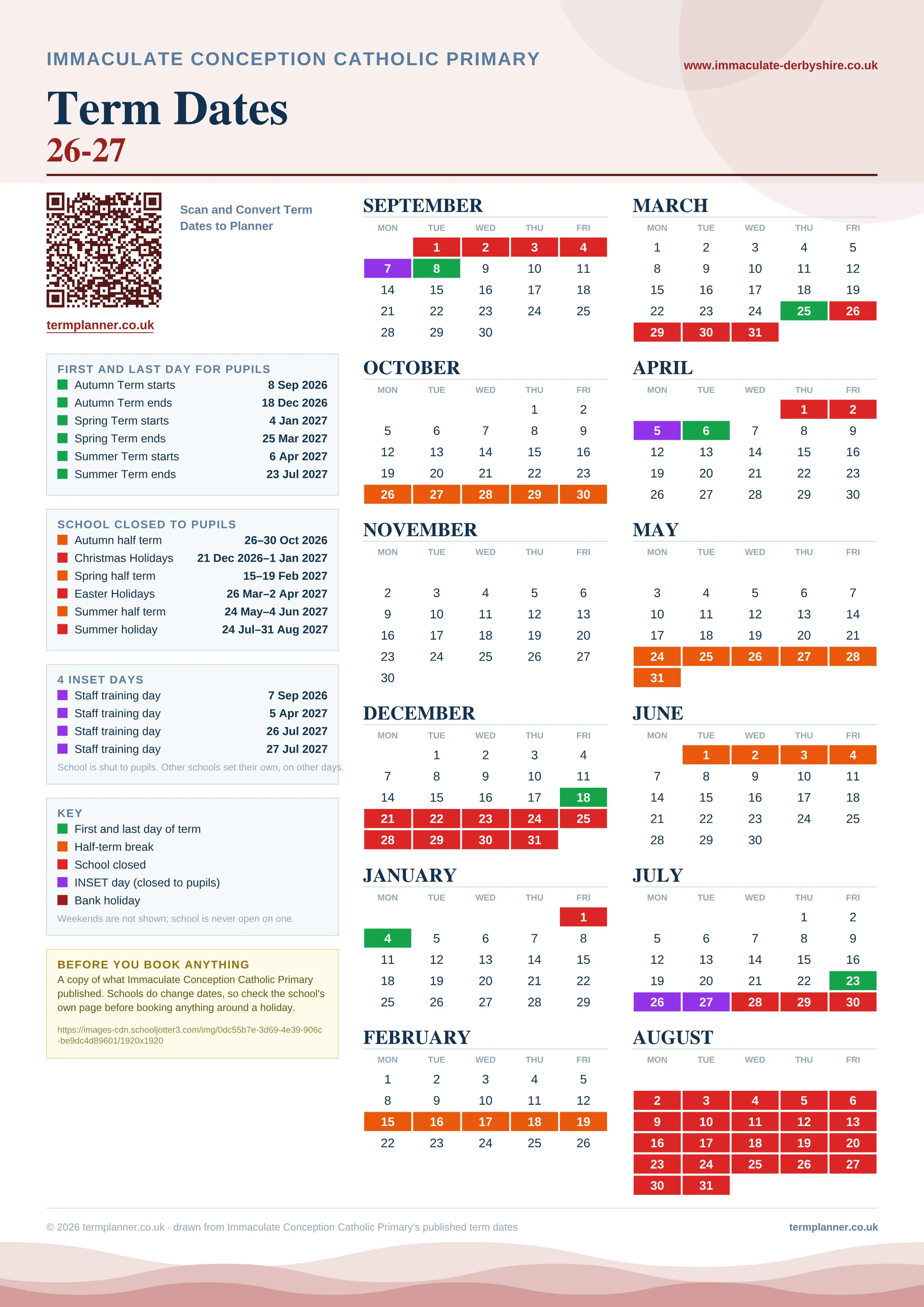 Immaculate Conception Catholic Primary’s 2026/27 school year drawn as one sheet: twelve month grids from September to August, Monday to Friday, with autumn term 8 September to 18 December 2026, spring term 4 January to 25 March 2027, summer term 6 April to 23 July 2027. Half terms, holidays and bank holidays are filled in colour, the first and last day of each term is marked, 4 INSET days are picked out, and every date is listed again in words down the left.