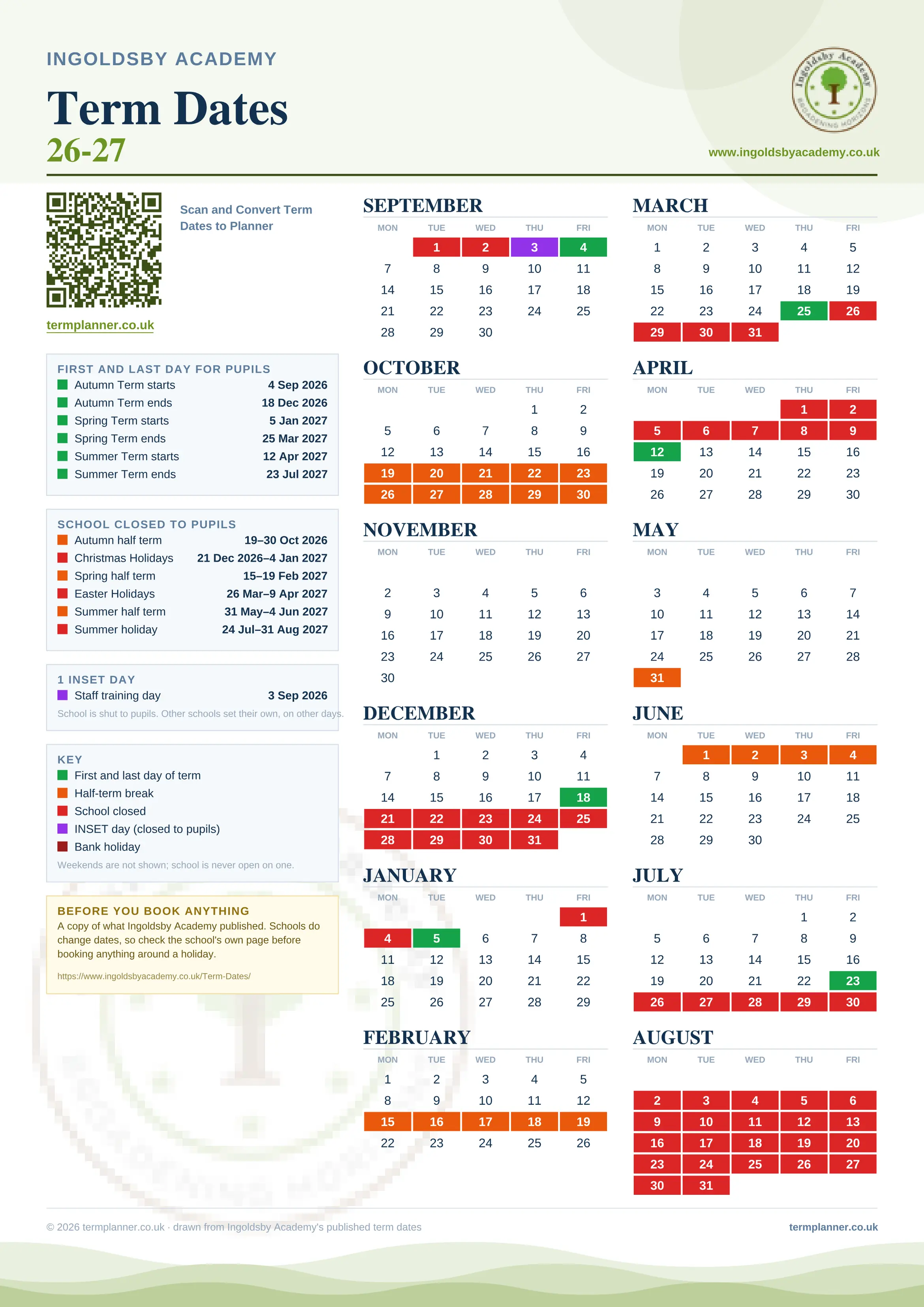 Ingoldsby Academy’s 2026/27 school year drawn as one sheet: twelve month grids from September to August, Monday to Friday, with autumn term 4 September to 18 December 2026, spring term 5 January to 25 March 2027, summer term 12 April to 23 July 2027. Half terms, holidays and bank holidays are filled in colour, the first and last day of each term is marked, 1 INSET day is picked out, and every date is listed again in words down the left.
