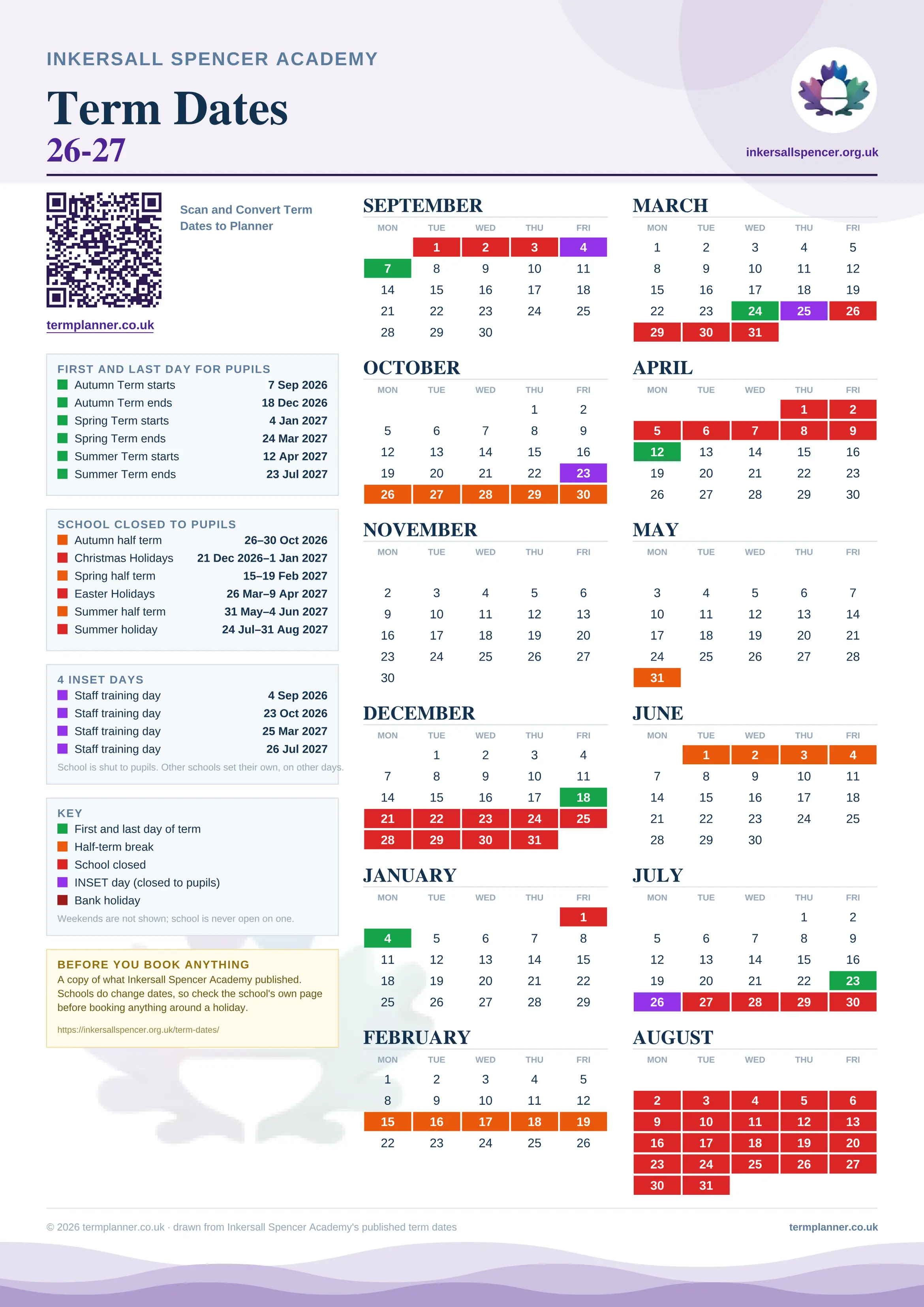 Inkersall Spencer Academy’s 2026/27 school year drawn as one sheet: twelve month grids from September to August, Monday to Friday, with autumn term 7 September to 18 December 2026, spring term 4 January to 24 March 2027, summer term 12 April to 23 July 2027. Half terms, holidays and bank holidays are filled in colour, the first and last day of each term is marked, 4 INSET days are picked out, and every date is listed again in words down the left.