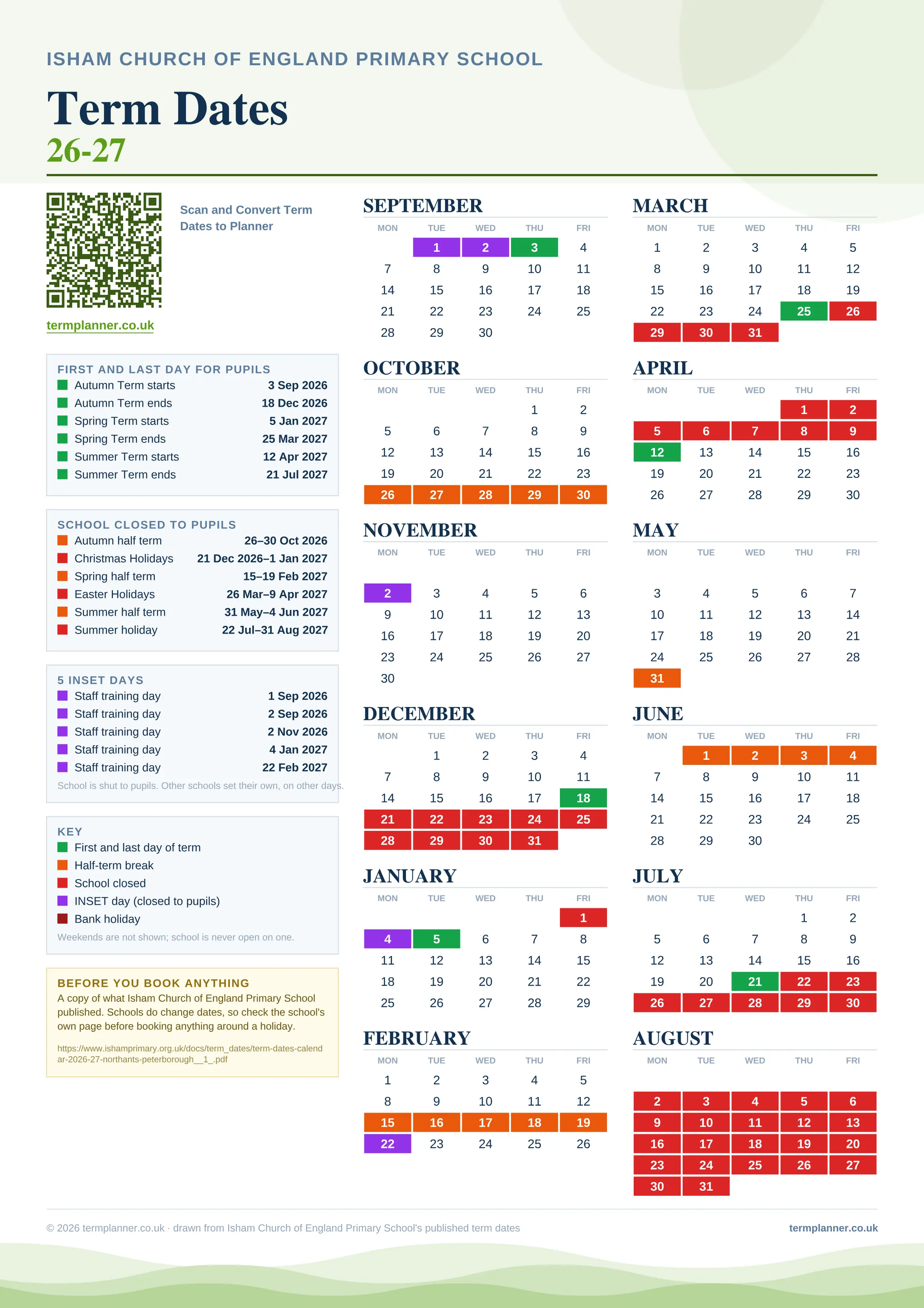 Isham Church of England Primary School’s 2026/27 school year drawn as one sheet: twelve month grids from September to August, Monday to Friday, with autumn term 3 September to 18 December 2026, spring term 5 January to 25 March 2027, summer term 12 April to 21 July 2027. Half terms, holidays and bank holidays are filled in colour, the first and last day of each term is marked, 5 INSET days are picked out, and every date is listed again in words down the left.
