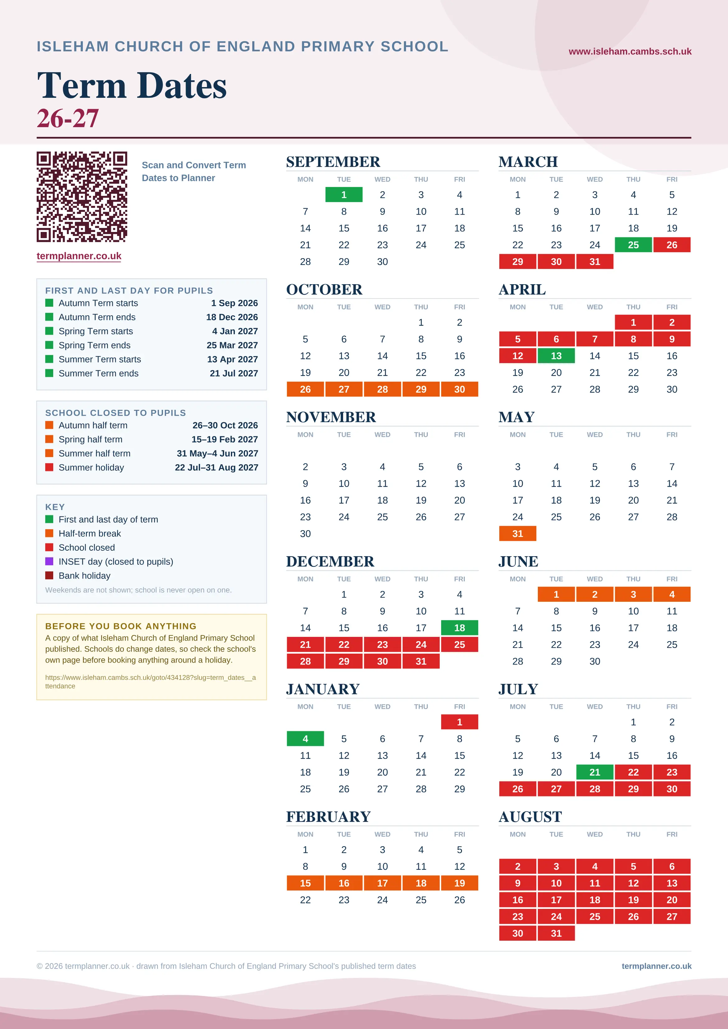 Isleham Church of England Primary School’s 2026/27 school year drawn as one sheet: twelve month grids from September to August, Monday to Friday, with autumn term 1 September to 18 December 2026, spring term 4 January to 25 March 2027, summer term 13 April to 21 July 2027. Half terms, holidays and bank holidays are filled in colour, the first and last day of each term is marked, and every date is listed again in words down the left.