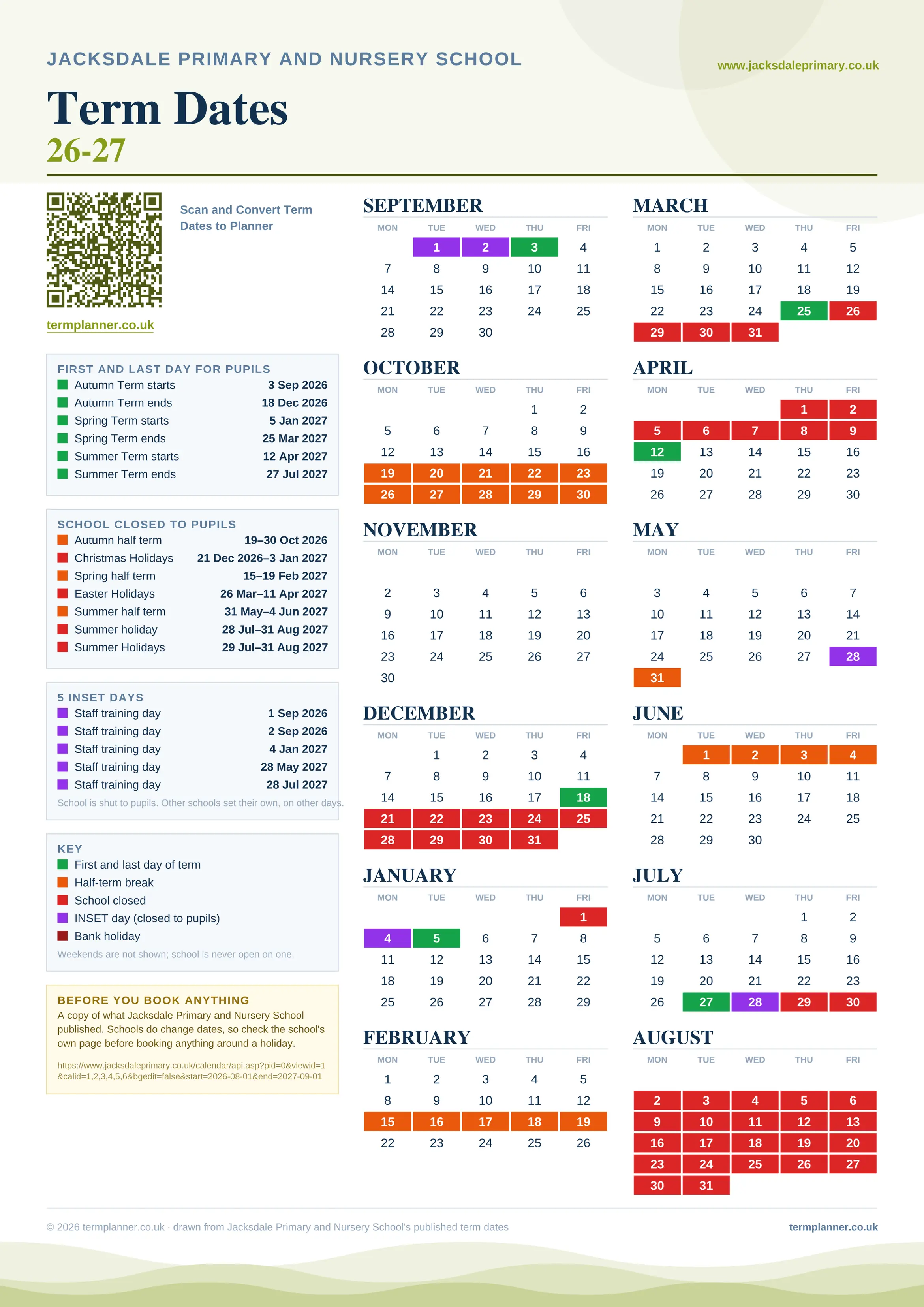 Jacksdale Primary and Nursery School’s 2026/27 school year drawn as one sheet: twelve month grids from September to August, Monday to Friday, with autumn term 3 September to 18 December 2026, spring term 5 January to 25 March 2027, summer term 12 April to 27 July 2027. Half terms, holidays and bank holidays are filled in colour, the first and last day of each term is marked, 5 INSET days are picked out, and every date is listed again in words down the left.