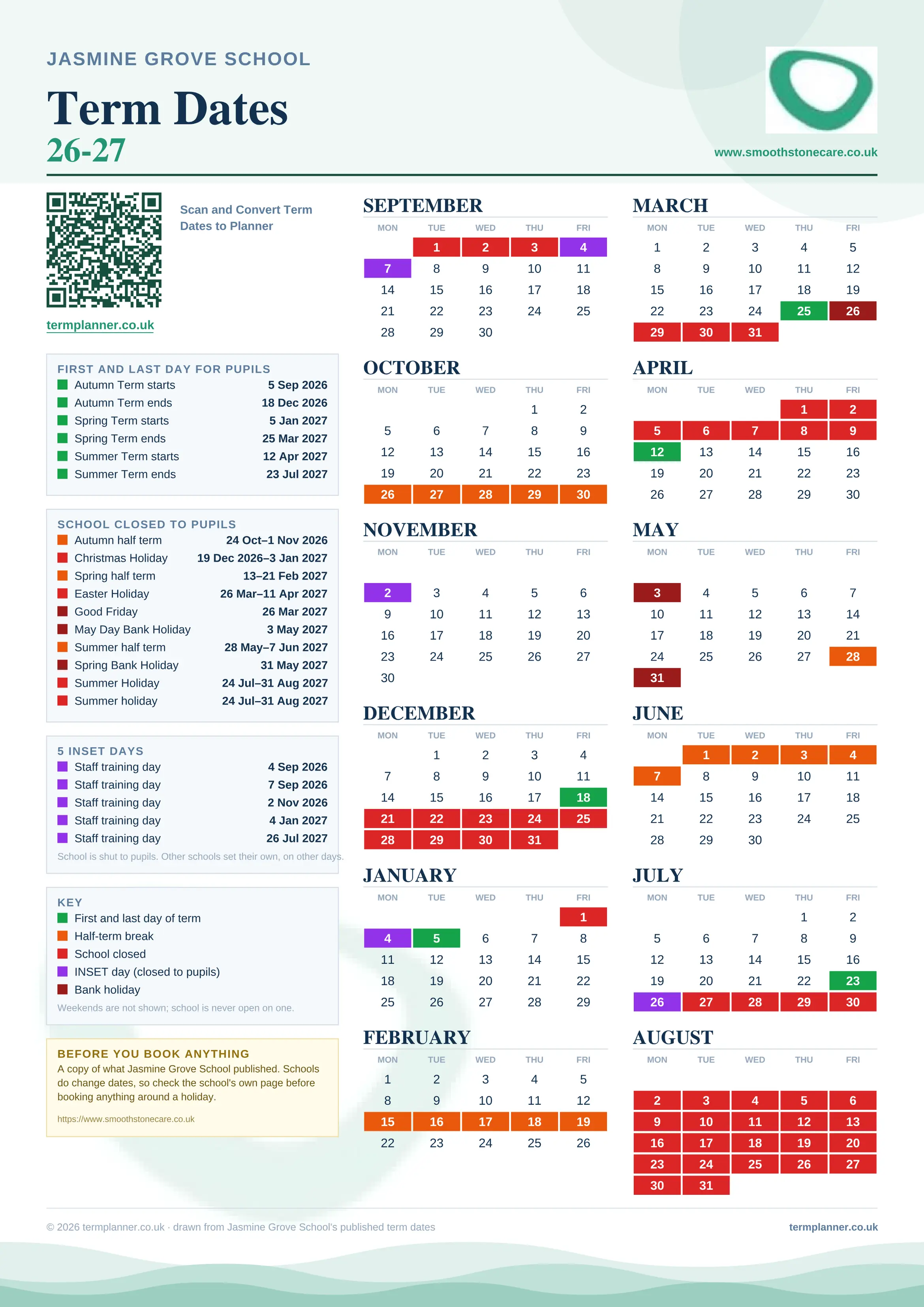 Jasmine Grove School’s 2026/27 school year drawn as one sheet: twelve month grids from September to August, Monday to Friday, with autumn term 5 September to 18 December 2026, spring term 5 January to 25 March 2027, summer term 12 April to 23 July 2027. Half terms, holidays and bank holidays are filled in colour, the first and last day of each term is marked, 5 INSET days are picked out, and every date is listed again in words down the left.