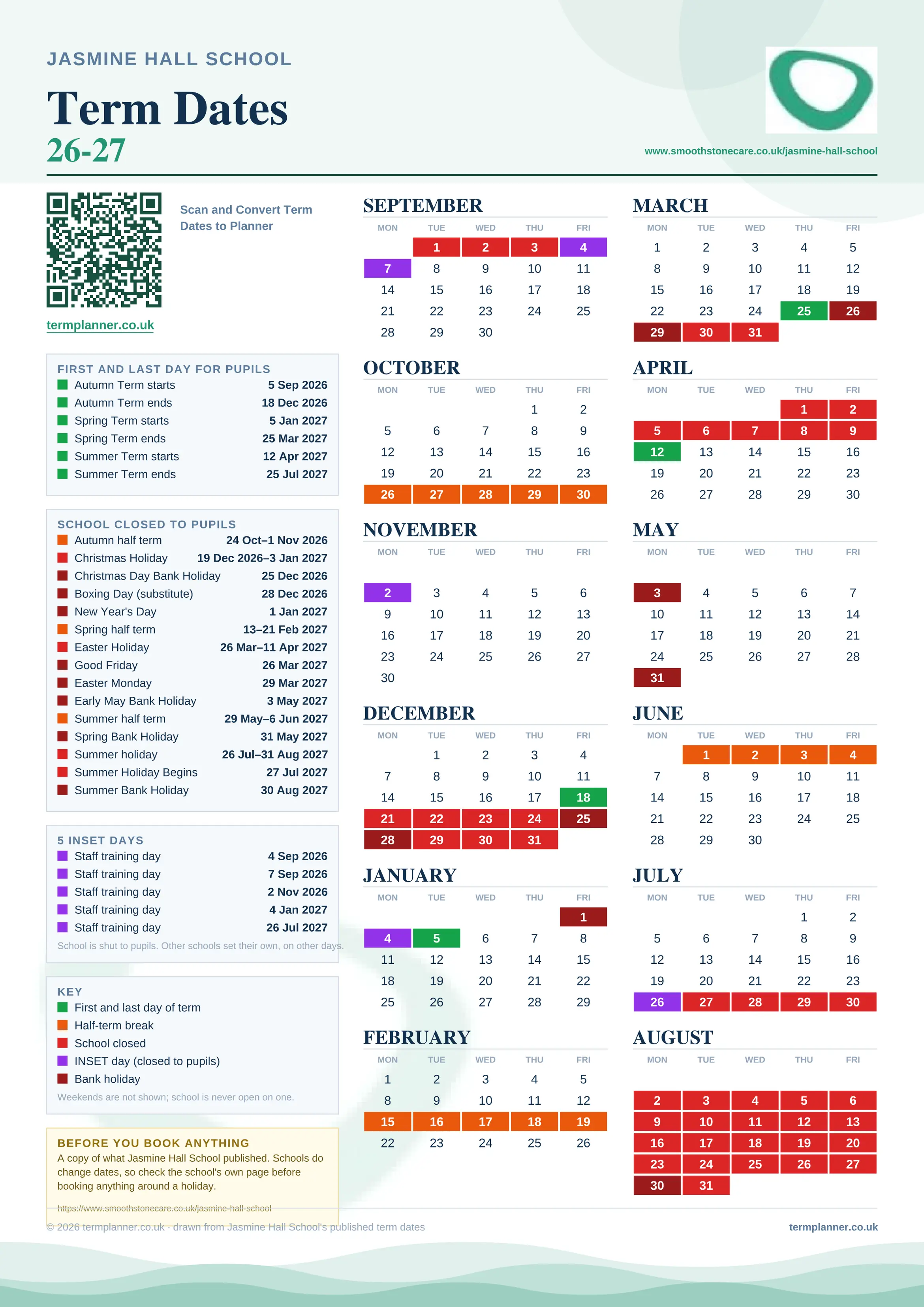 Jasmine Hall School’s 2026/27 school year drawn as one sheet: twelve month grids from September to August, Monday to Friday, with autumn term 5 September to 18 December 2026, spring term 5 January to 25 March 2027, summer term 12 April to 25 July 2027. Half terms, holidays and bank holidays are filled in colour, the first and last day of each term is marked, 5 INSET days are picked out, and every date is listed again in words down the left.