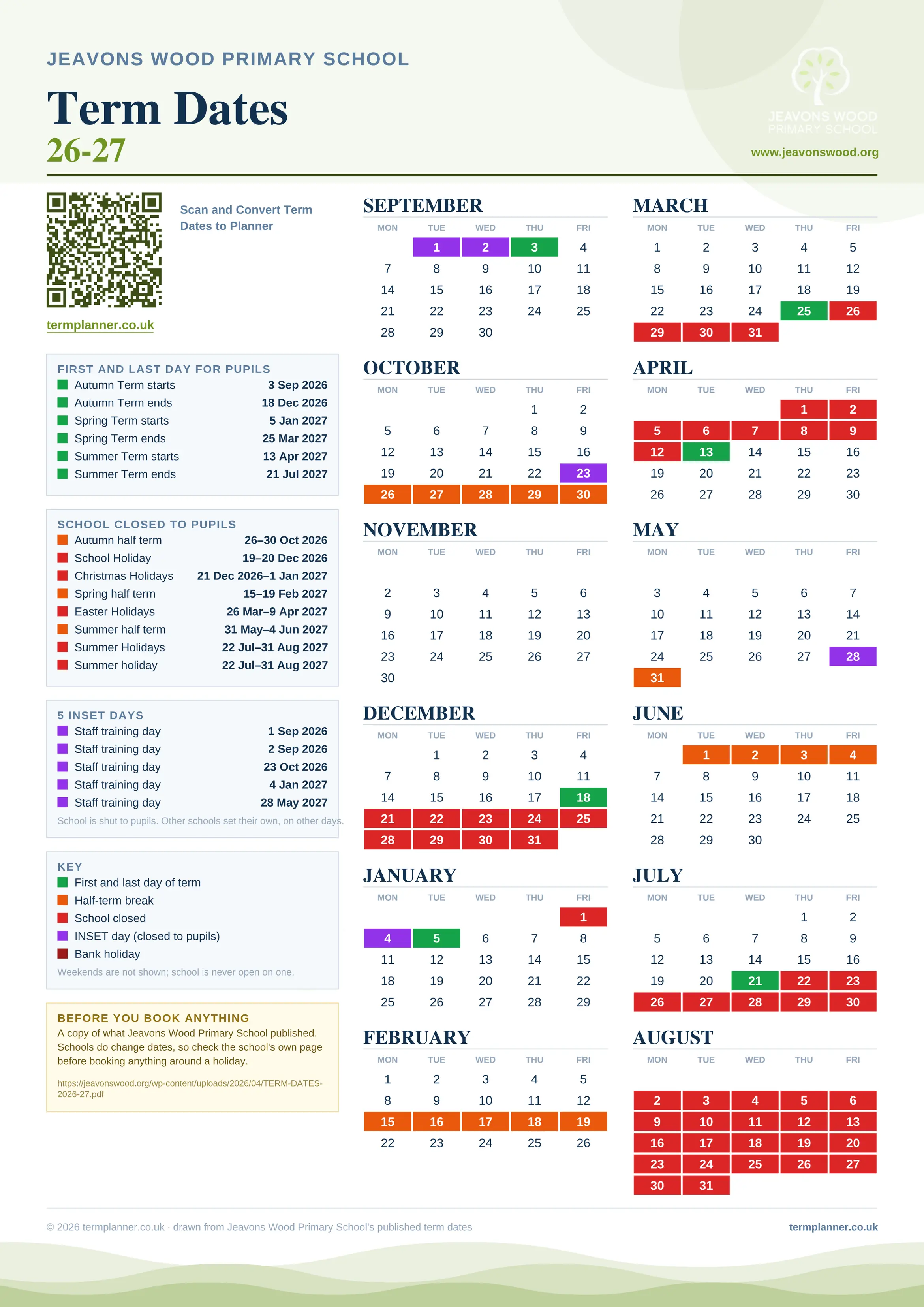 Jeavons Wood Primary School’s 2026/27 school year drawn as one sheet: twelve month grids from September to August, Monday to Friday, with autumn term 3 September to 18 December 2026, spring term 5 January to 25 March 2027, summer term 13 April to 21 July 2027. Half terms, holidays and bank holidays are filled in colour, the first and last day of each term is marked, 5 INSET days are picked out, and every date is listed again in words down the left.