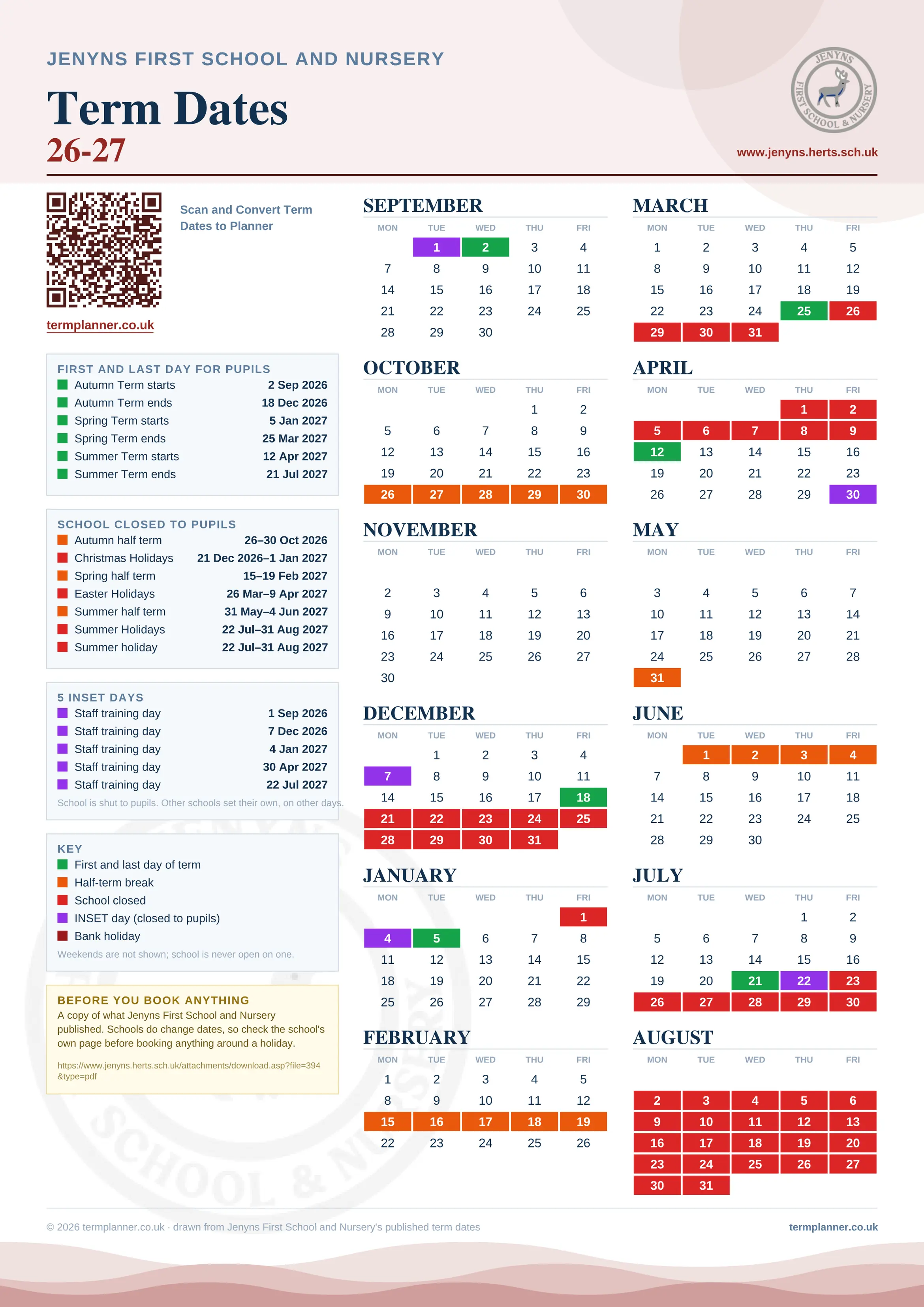 Jenyns First School and Nursery’s 2026/27 school year drawn as one sheet: twelve month grids from September to August, Monday to Friday, with autumn term 2 September to 18 December 2026, spring term 5 January to 25 March 2027, summer term 12 April to 21 July 2027. Half terms, holidays and bank holidays are filled in colour, the first and last day of each term is marked, 5 INSET days are picked out, and every date is listed again in words down the left.