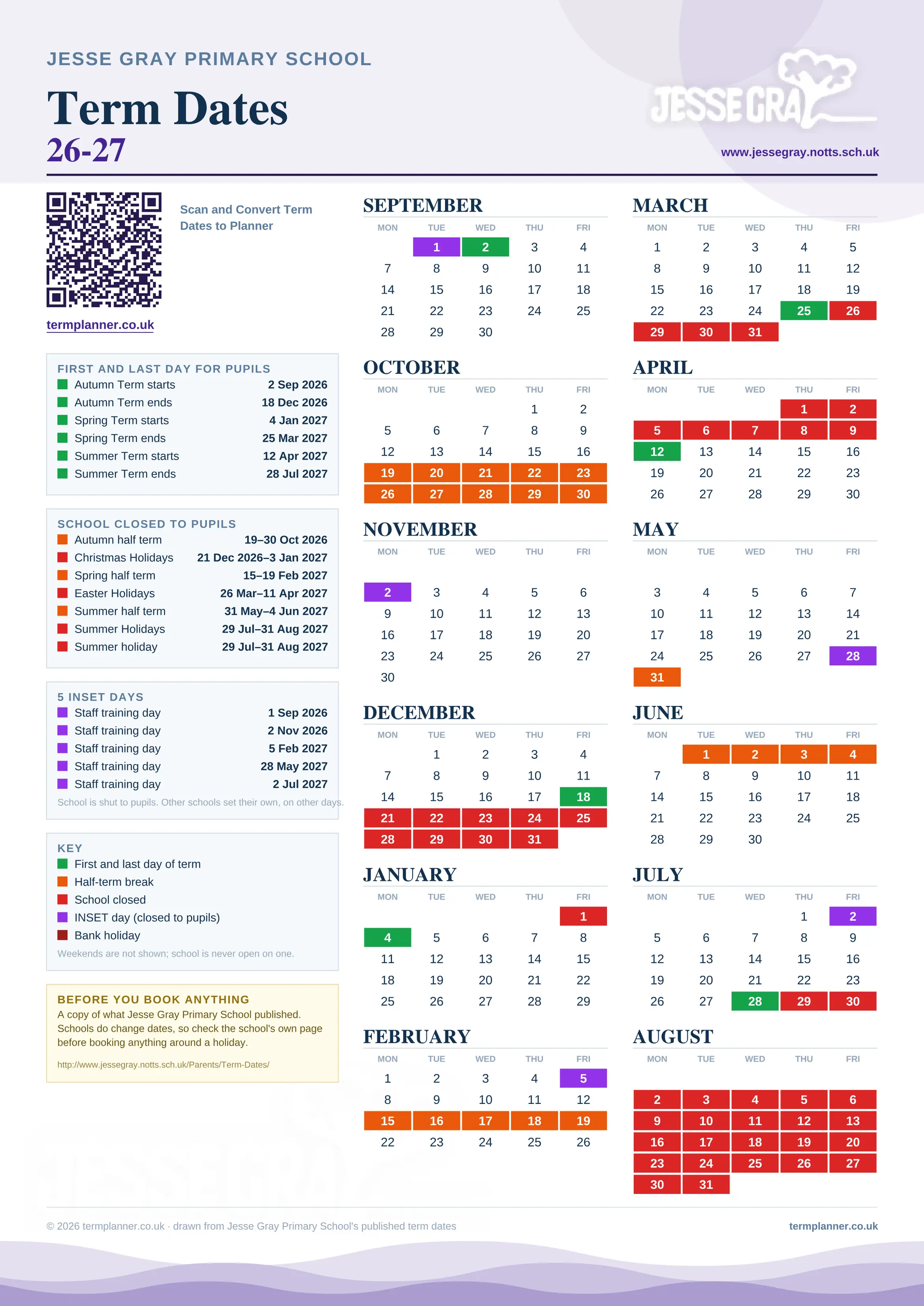 Jesse Gray Primary School’s 2026/27 school year drawn as one sheet: twelve month grids from September to August, Monday to Friday, with autumn term 2 September to 18 December 2026, spring term 4 January to 25 March 2027, summer term 12 April to 28 July 2027. Half terms, holidays and bank holidays are filled in colour, the first and last day of each term is marked, 5 INSET days are picked out, and every date is listed again in words down the left.