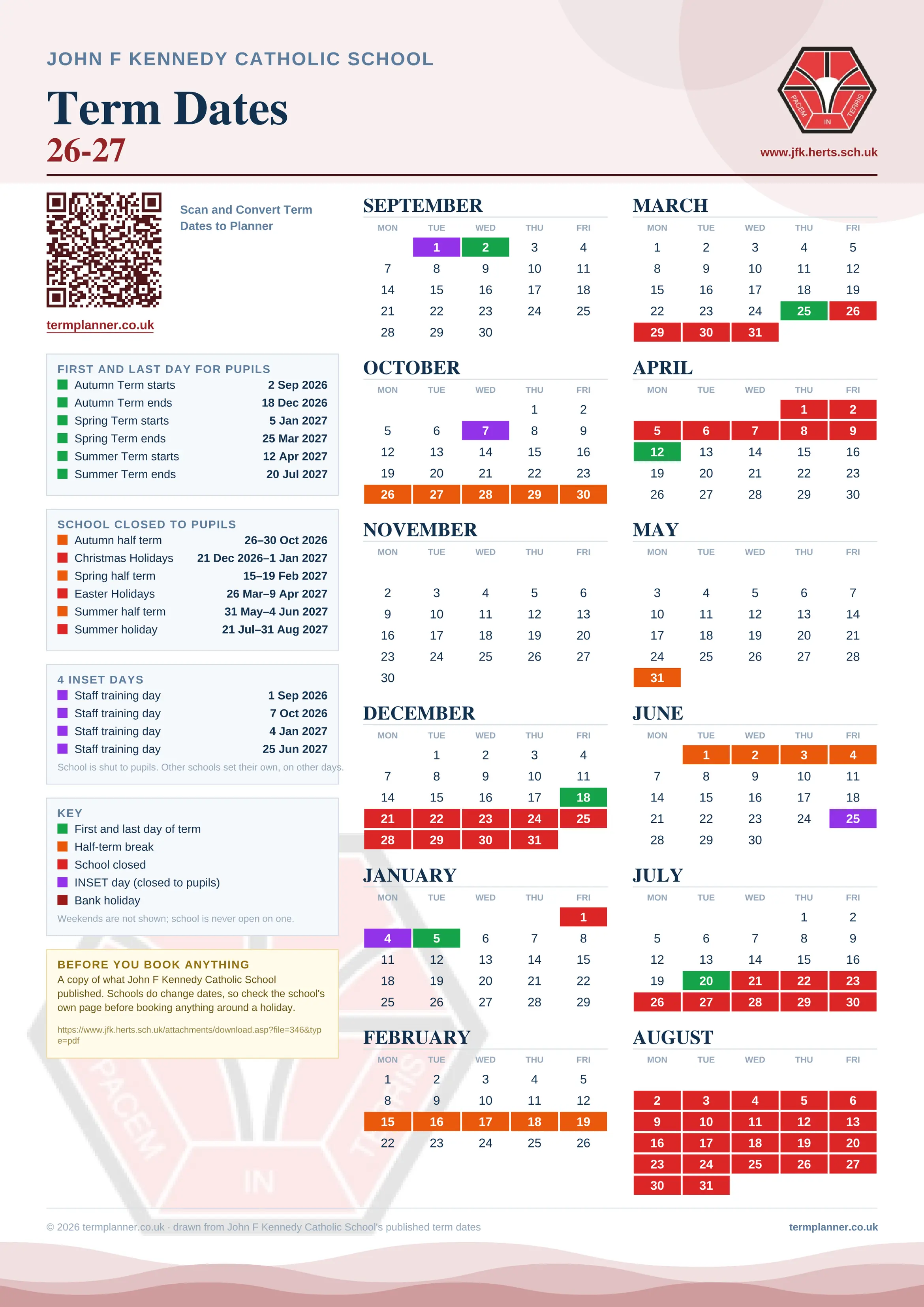John F Kennedy Catholic School’s 2026/27 school year drawn as one sheet: twelve month grids from September to August, Monday to Friday, with autumn term 2 September to 18 December 2026, spring term 5 January to 25 March 2027, summer term 12 April to 20 July 2027. Half terms, holidays and bank holidays are filled in colour, the first and last day of each term is marked, 4 INSET days are picked out, and every date is listed again in words down the left.