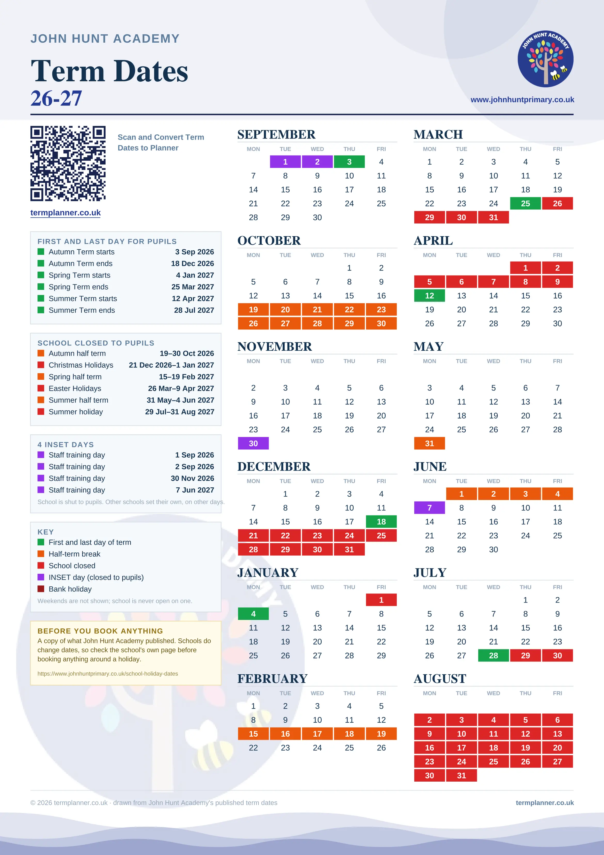 John Hunt Academy’s 2026/27 school year drawn as one sheet: twelve month grids from September to August, Monday to Friday, with autumn term 3 September to 18 December 2026, spring term 4 January to 25 March 2027, summer term 12 April to 28 July 2027. Half terms, holidays and bank holidays are filled in colour, the first and last day of each term is marked, 4 INSET days are picked out, and every date is listed again in words down the left.