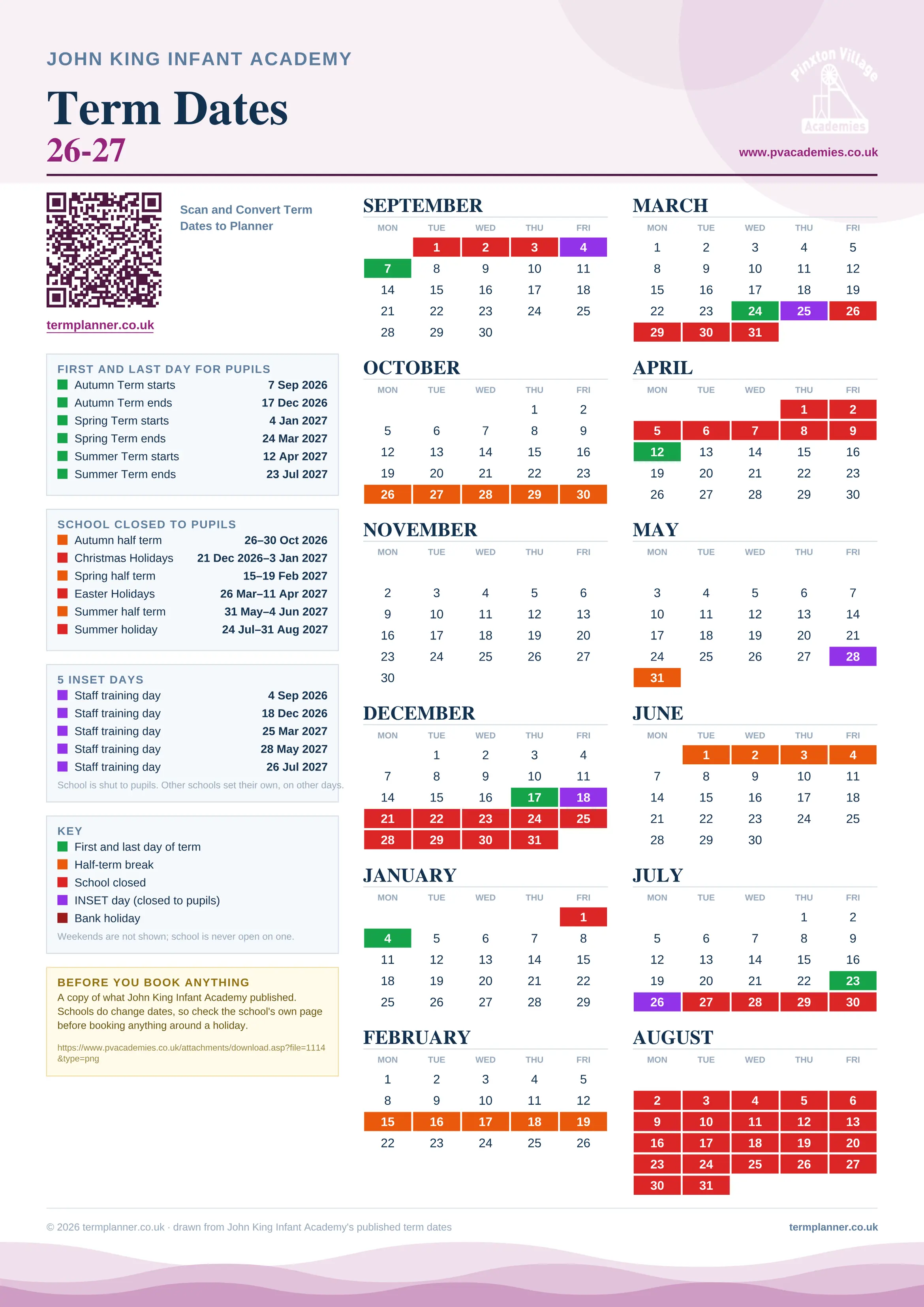 John King Infant Academy’s 2026/27 school year drawn as one sheet: twelve month grids from September to August, Monday to Friday, with autumn term 7 September to 17 December 2026, spring term 4 January to 24 March 2027, summer term 12 April to 23 July 2027. Half terms, holidays and bank holidays are filled in colour, the first and last day of each term is marked, 5 INSET days are picked out, and every date is listed again in words down the left.
