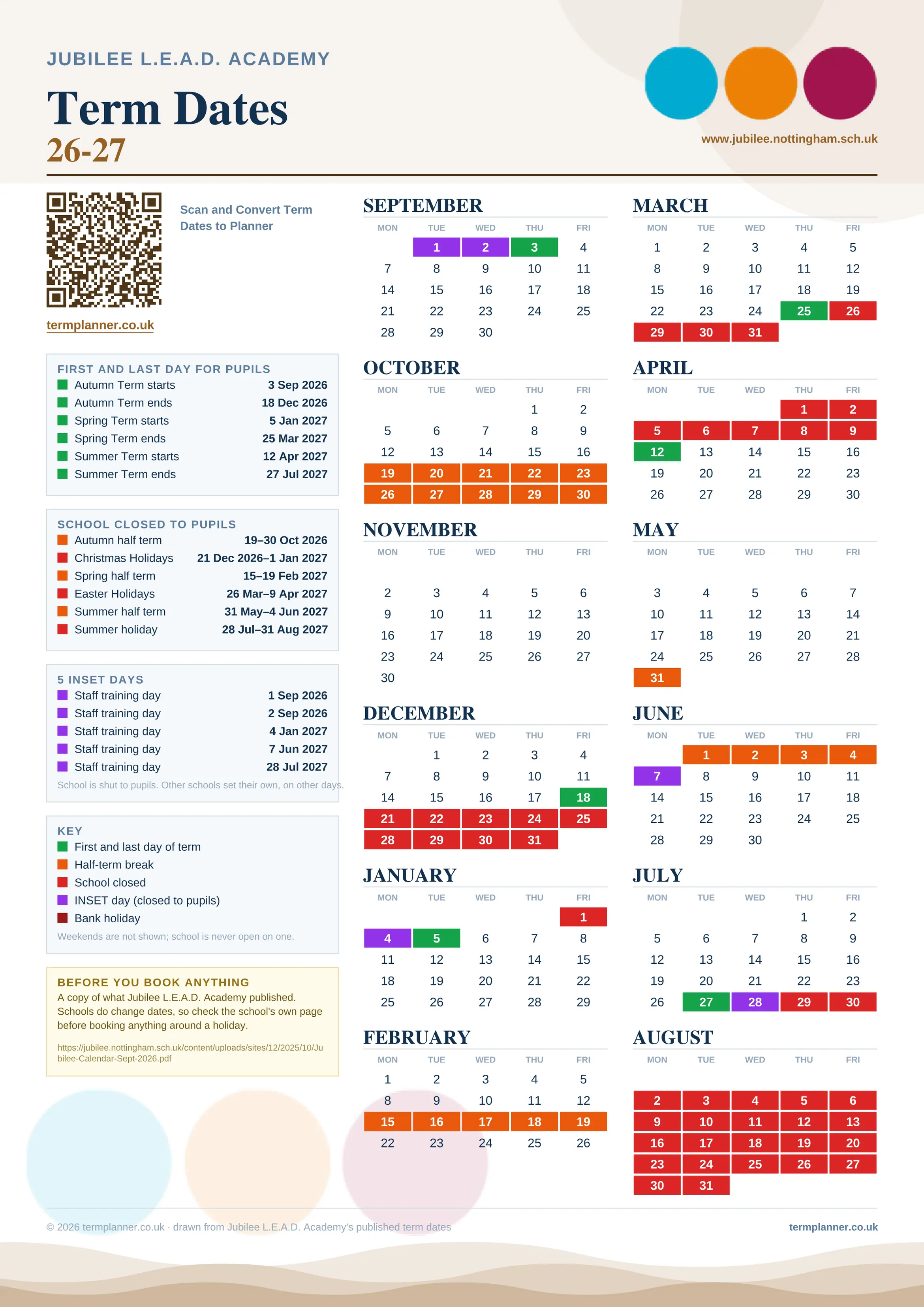 Jubilee L.E.A.D. Academy’s 2026/27 school year drawn as one sheet: twelve month grids from September to August, Monday to Friday, with autumn term 3 September to 18 December 2026, spring term 5 January to 25 March 2027, summer term 12 April to 27 July 2027. Half terms, holidays and bank holidays are filled in colour, the first and last day of each term is marked, 5 INSET days are picked out, and every date is listed again in words down the left.