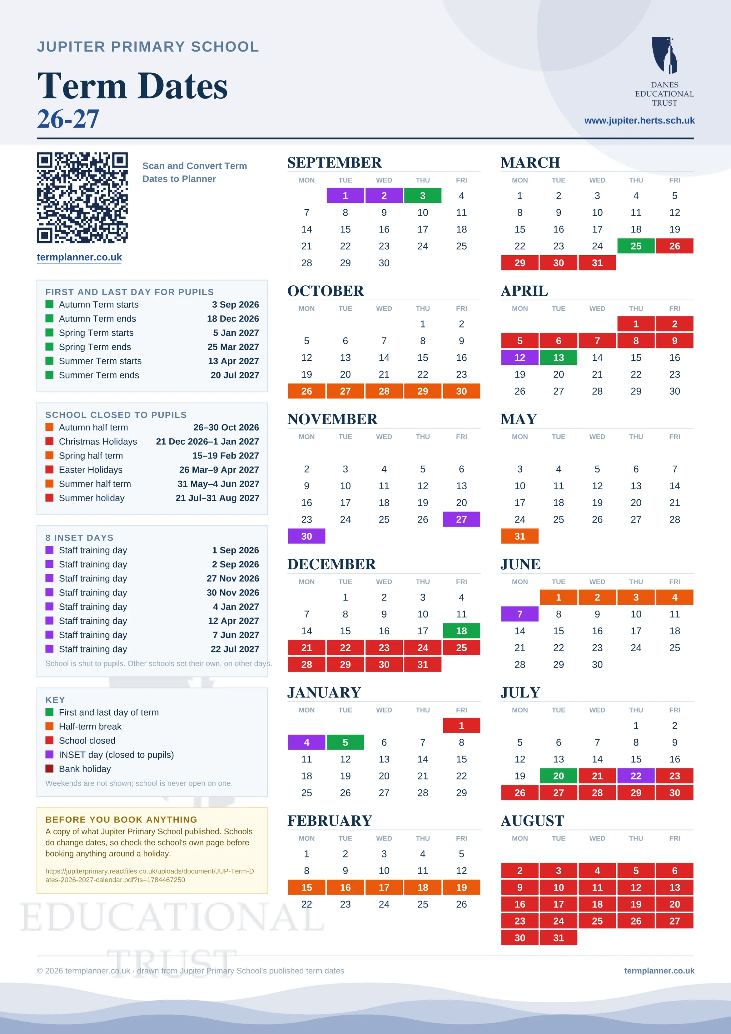 Jupiter Primary School’s 2026/27 school year drawn as one sheet: twelve month grids from September to August, Monday to Friday, with autumn term 3 September to 18 December 2026, spring term 5 January to 25 March 2027, summer term 13 April to 20 July 2027. Half terms, holidays and bank holidays are filled in colour, the first and last day of each term is marked, 8 INSET days are picked out, and every date is listed again in words down the left.