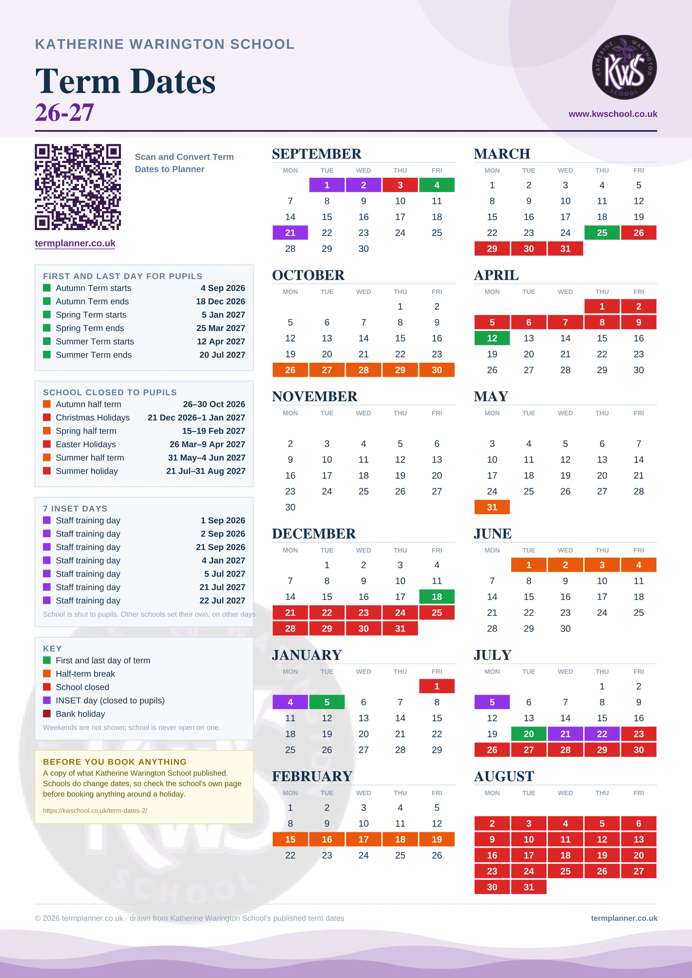 Katherine Warington School’s 2026/27 school year drawn as one sheet: twelve month grids from September to August, Monday to Friday, with autumn term 4 September to 18 December 2026, spring term 5 January to 25 March 2027, summer term 12 April to 20 July 2027. Half terms, holidays and bank holidays are filled in colour, the first and last day of each term is marked, 7 INSET days are picked out, and every date is listed again in words down the left.