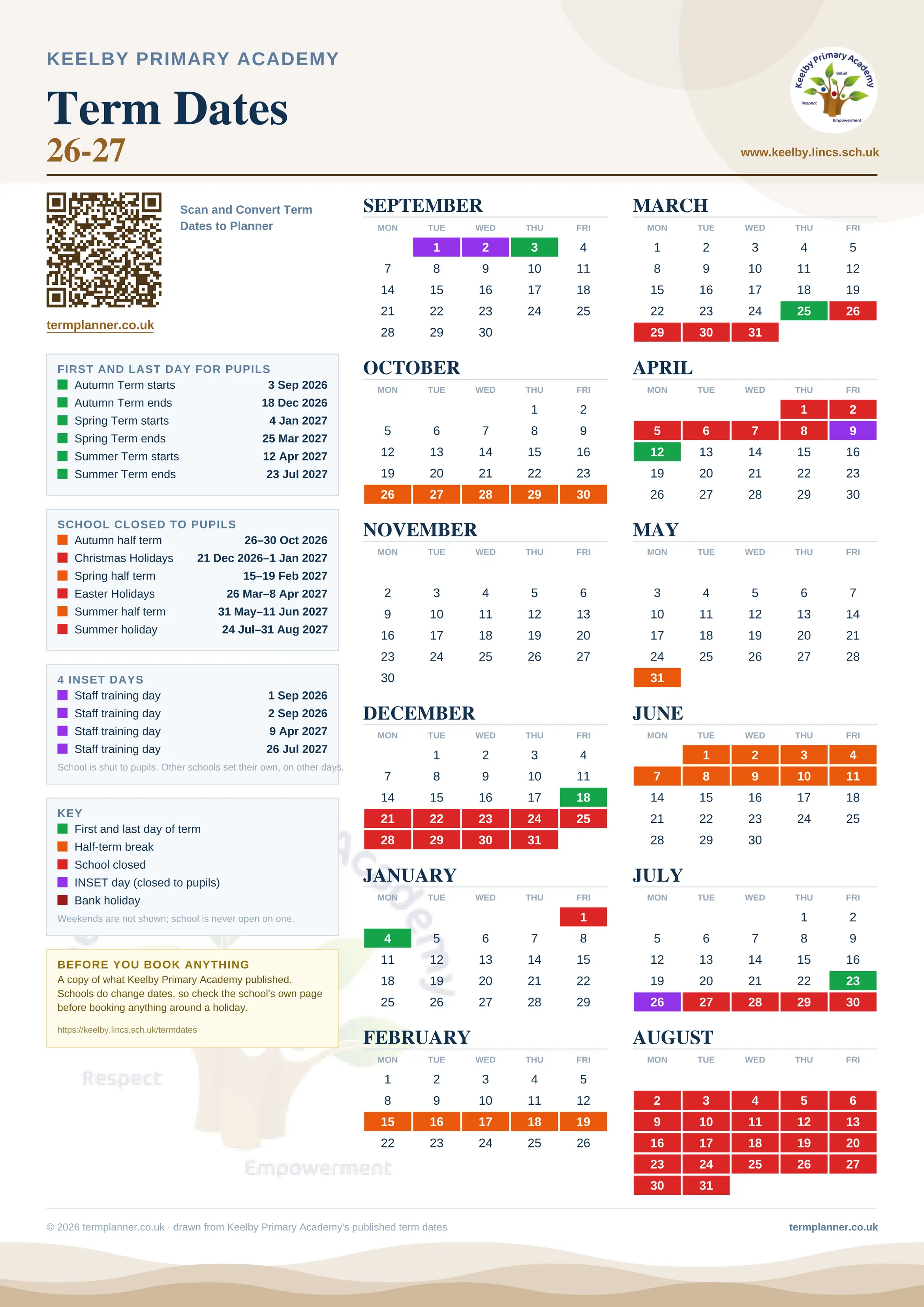 Keelby Primary Academy’s 2026/27 school year drawn as one sheet: twelve month grids from September to August, Monday to Friday, with autumn term 3 September to 18 December 2026, spring term 4 January to 25 March 2027, summer term 12 April to 23 July 2027. Half terms, holidays and bank holidays are filled in colour, the first and last day of each term is marked, 4 INSET days are picked out, and every date is listed again in words down the left.
