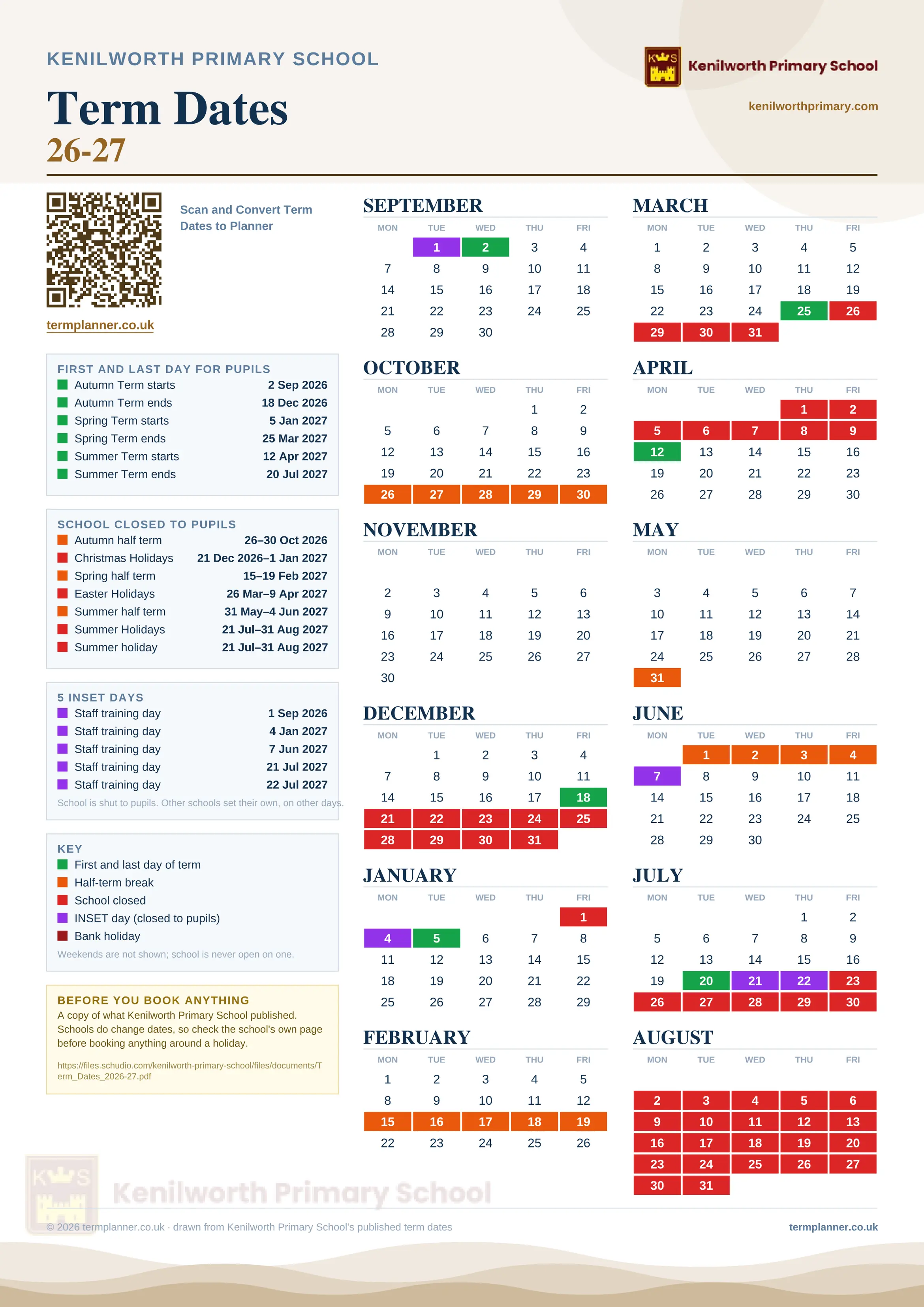 Kenilworth Primary School’s 2026/27 school year drawn as one sheet: twelve month grids from September to August, Monday to Friday, with autumn term 2 September to 18 December 2026, spring term 5 January to 25 March 2027, summer term 12 April to 20 July 2027. Half terms, holidays and bank holidays are filled in colour, the first and last day of each term is marked, 5 INSET days are picked out, and every date is listed again in words down the left.