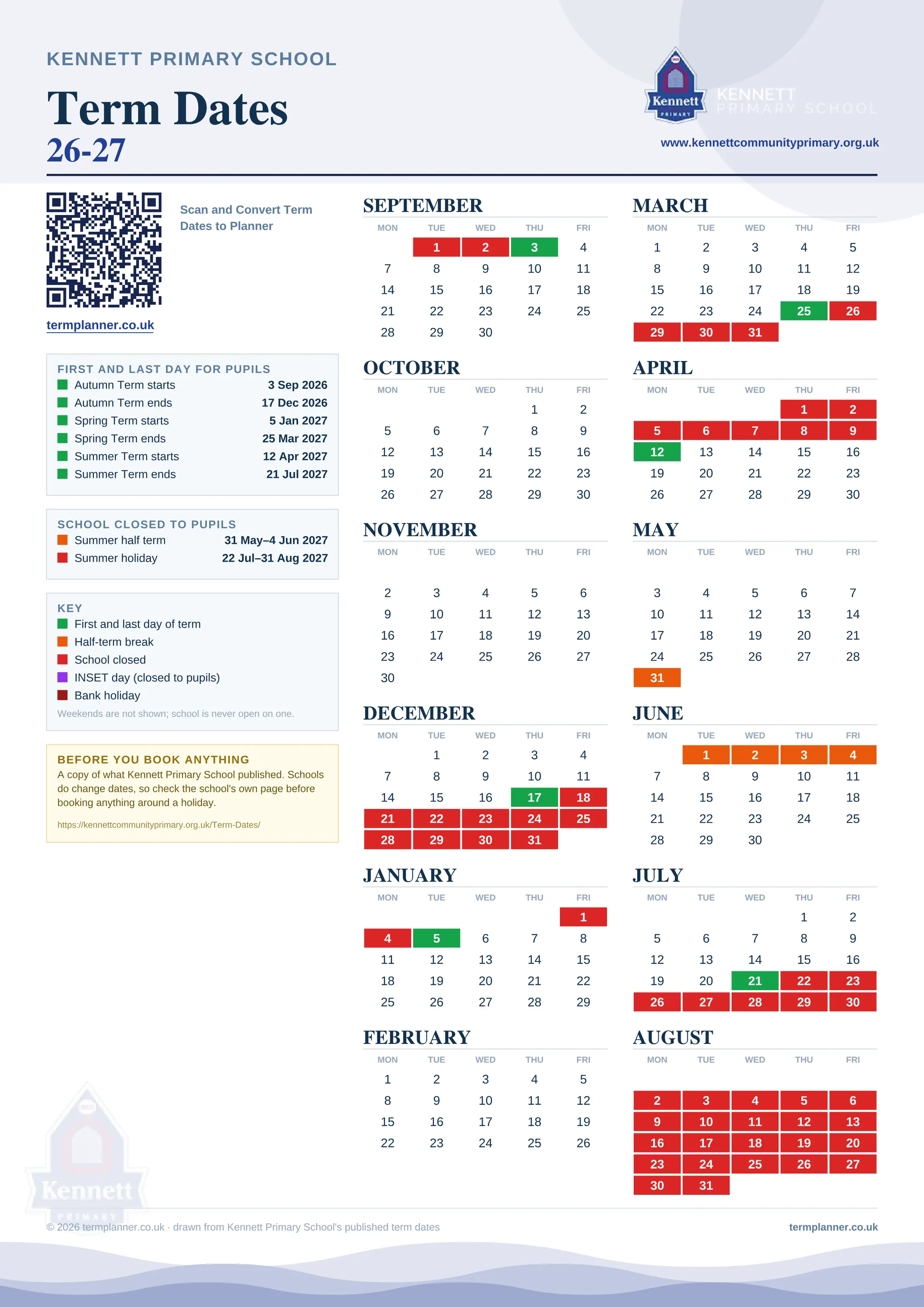 Kennett Primary School’s 2026/27 school year drawn as one sheet: twelve month grids from September to August, Monday to Friday, with autumn term 3 September to 17 December 2026, spring term 5 January to 25 March 2027, summer term 12 April to 21 July 2027. Half terms, holidays and bank holidays are filled in colour, the first and last day of each term is marked, and every date is listed again in words down the left.