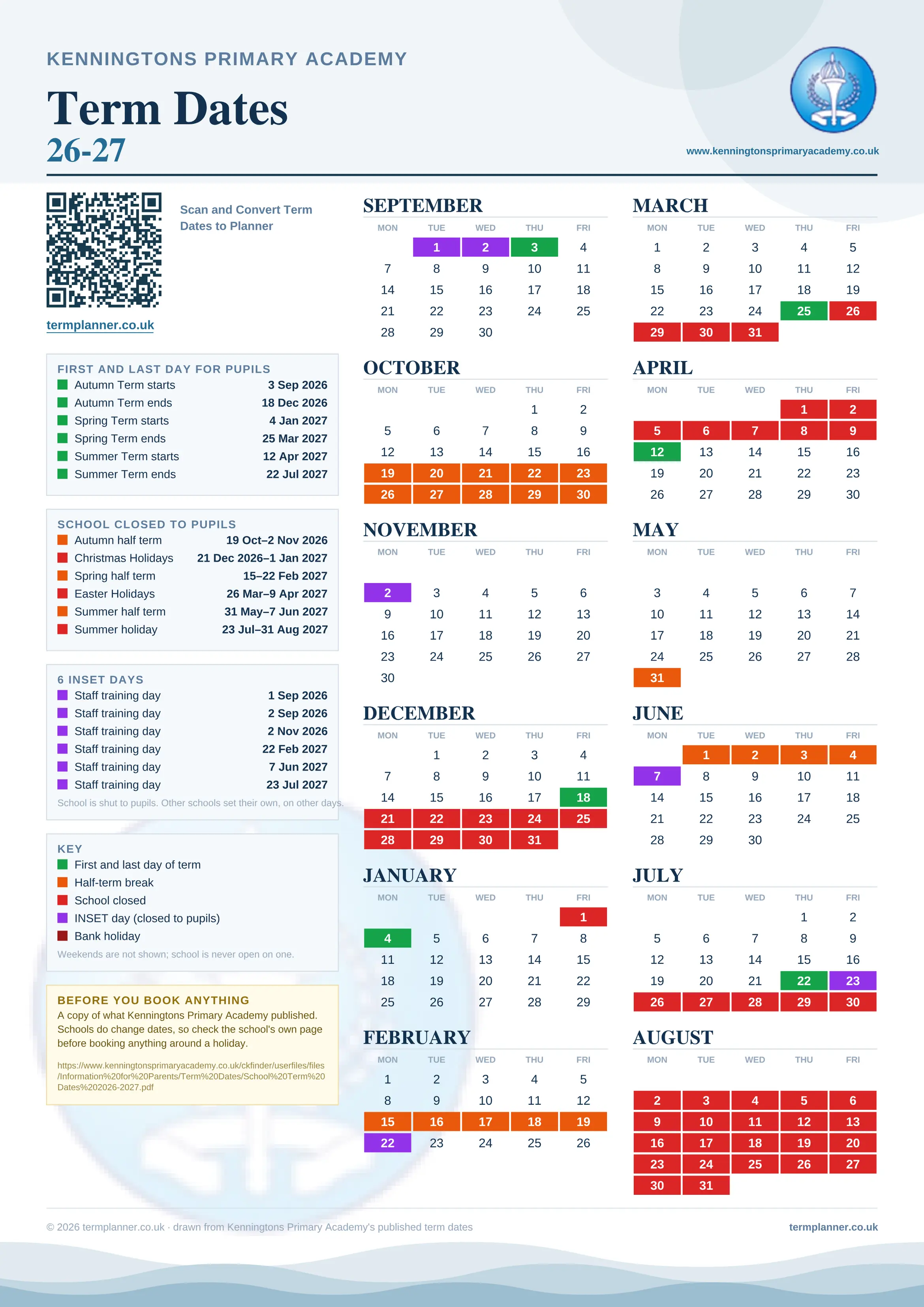 Kenningtons Primary Academy’s 2026/27 school year drawn as one sheet: twelve month grids from September to August, Monday to Friday, with autumn term 3 September to 18 December 2026, spring term 4 January to 25 March 2027, summer term 12 April to 22 July 2027. Half terms, holidays and bank holidays are filled in colour, the first and last day of each term is marked, 6 INSET days are picked out, and every date is listed again in words down the left.