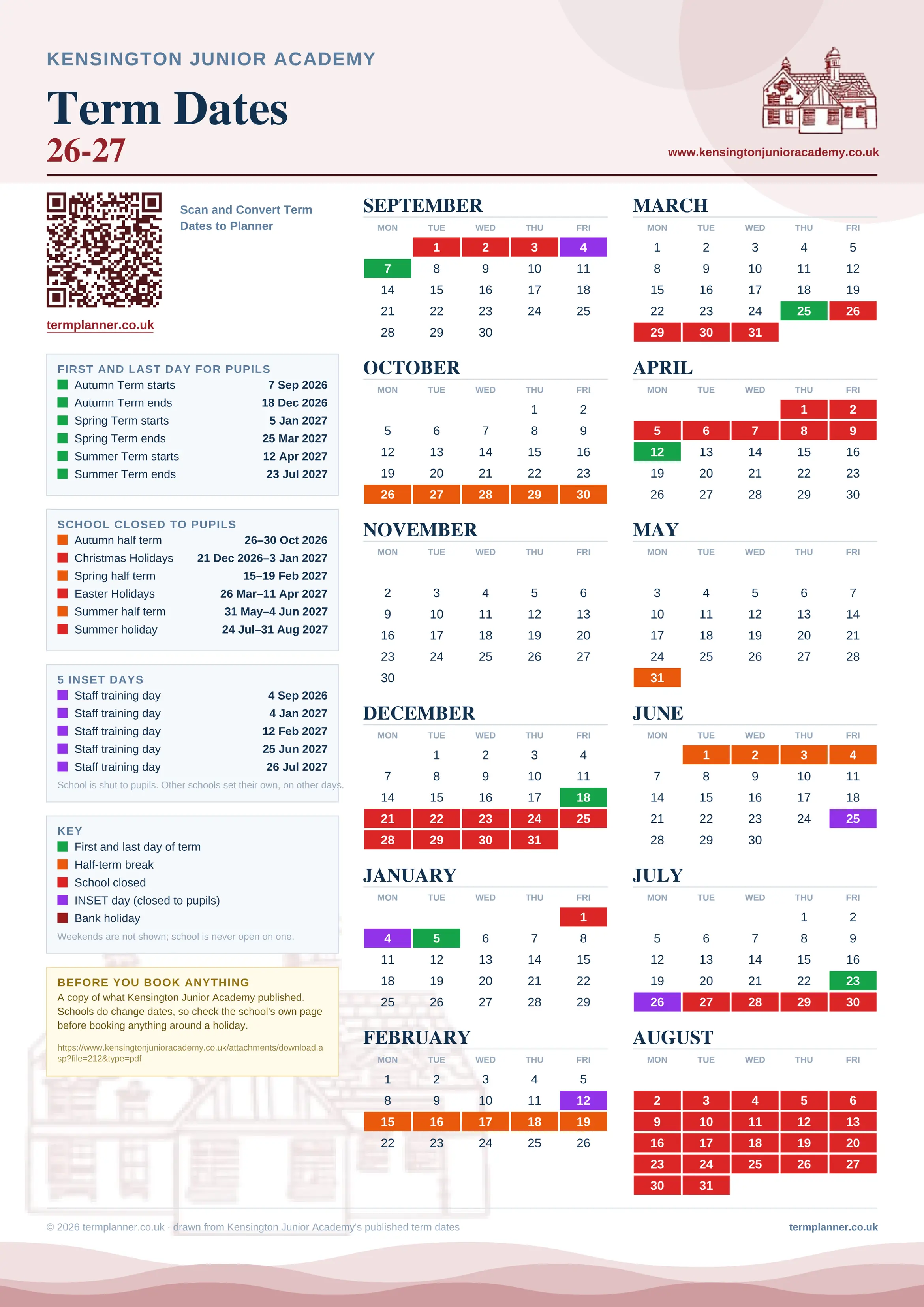 Kensington Junior Academy’s 2026/27 school year drawn as one sheet: twelve month grids from September to August, Monday to Friday, with autumn term 7 September to 18 December 2026, spring term 5 January to 25 March 2027, summer term 12 April to 23 July 2027. Half terms, holidays and bank holidays are filled in colour, the first and last day of each term is marked, 5 INSET days are picked out, and every date is listed again in words down the left.