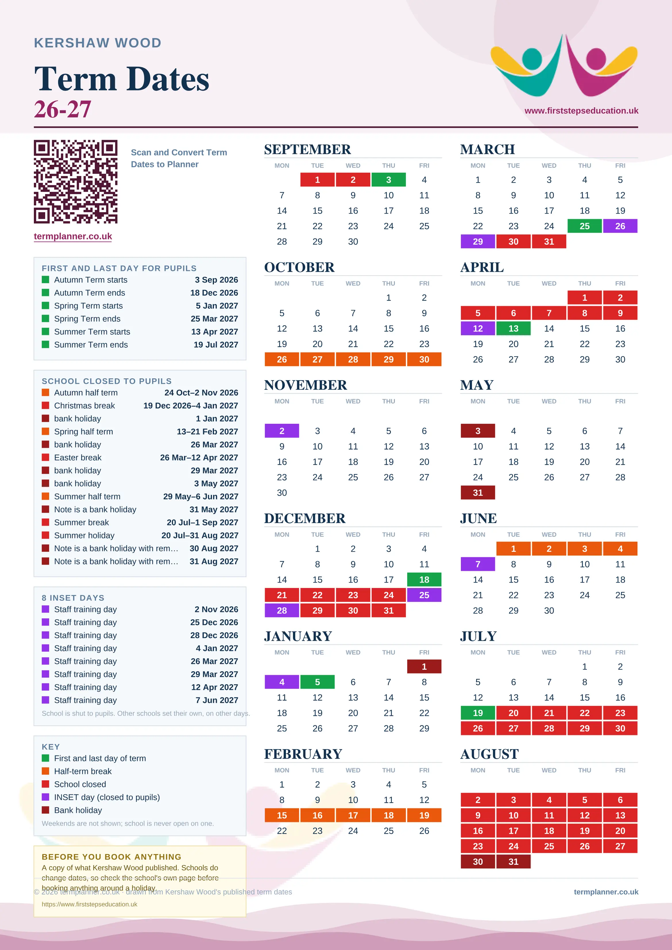 Kershaw Wood’s 2026/27 school year drawn as one sheet: twelve month grids from September to August, Monday to Friday, with autumn term 3 September to 18 December 2026, spring term 5 January to 25 March 2027, summer term 13 April to 19 July 2027. Half terms, holidays and bank holidays are filled in colour, the first and last day of each term is marked, 8 INSET days are picked out, and every date is listed again in words down the left.